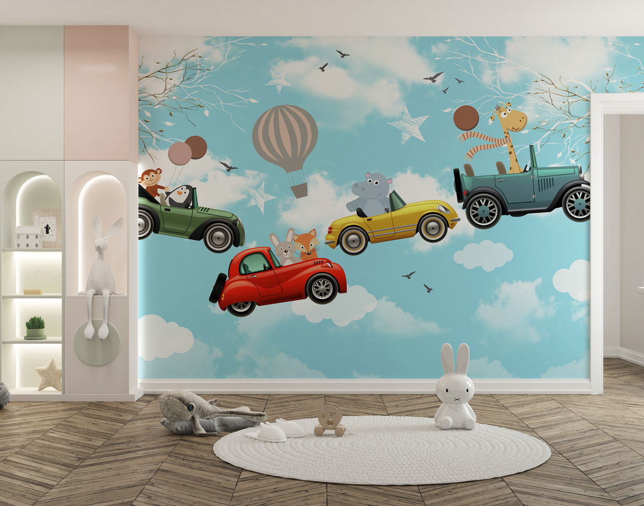 Whimsical Cartoon Animal Sky Wallpaper for Kids