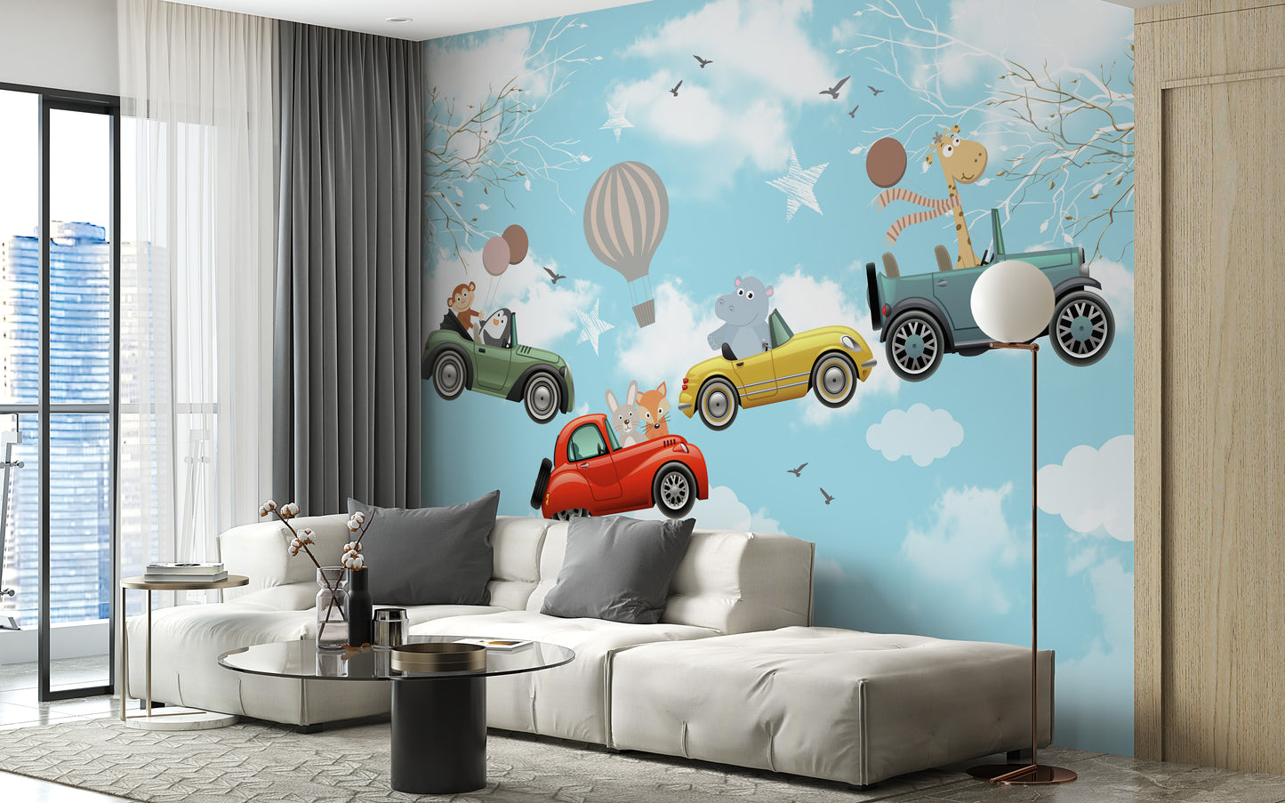 Cartoon Animals in the sky wallpaper mural