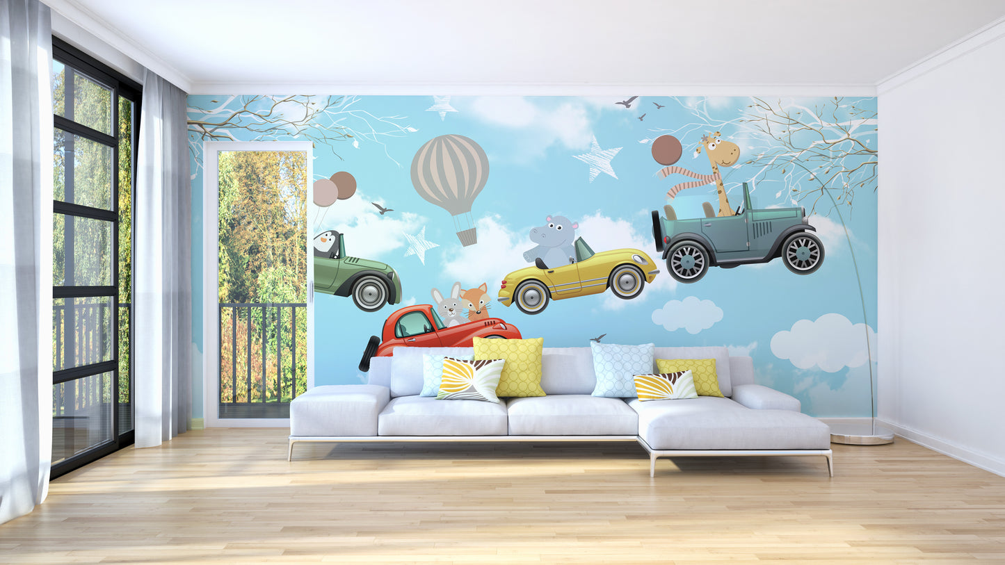 Cartoon Animals in the sky wallpaper mural