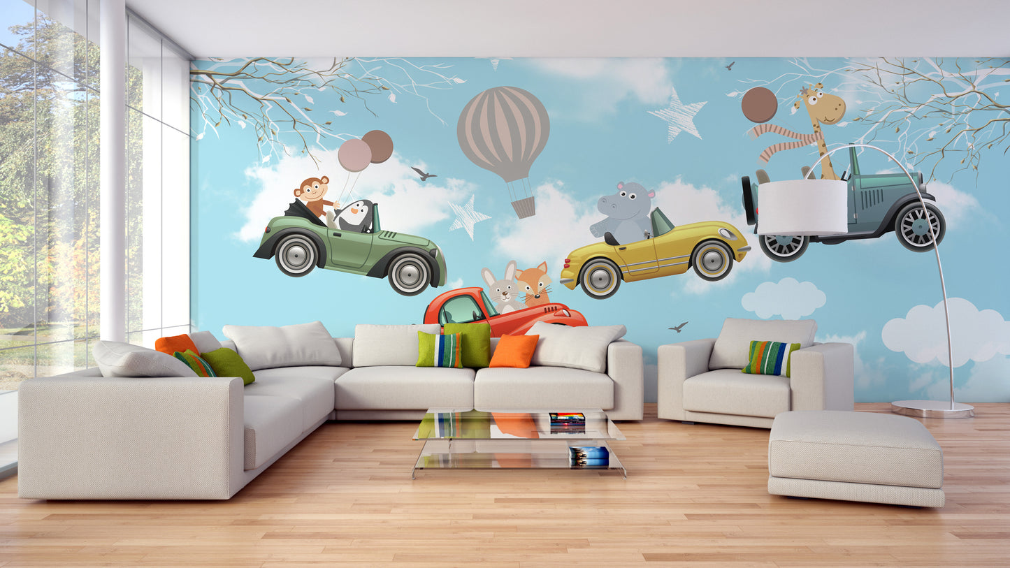 Cartoon Animals in the sky wallpaper mural