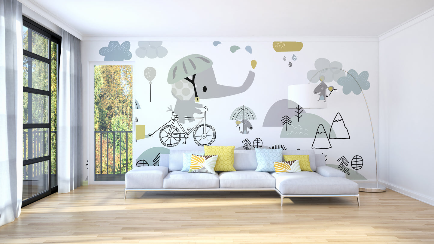 Elephant on bicycle wallpaper mural