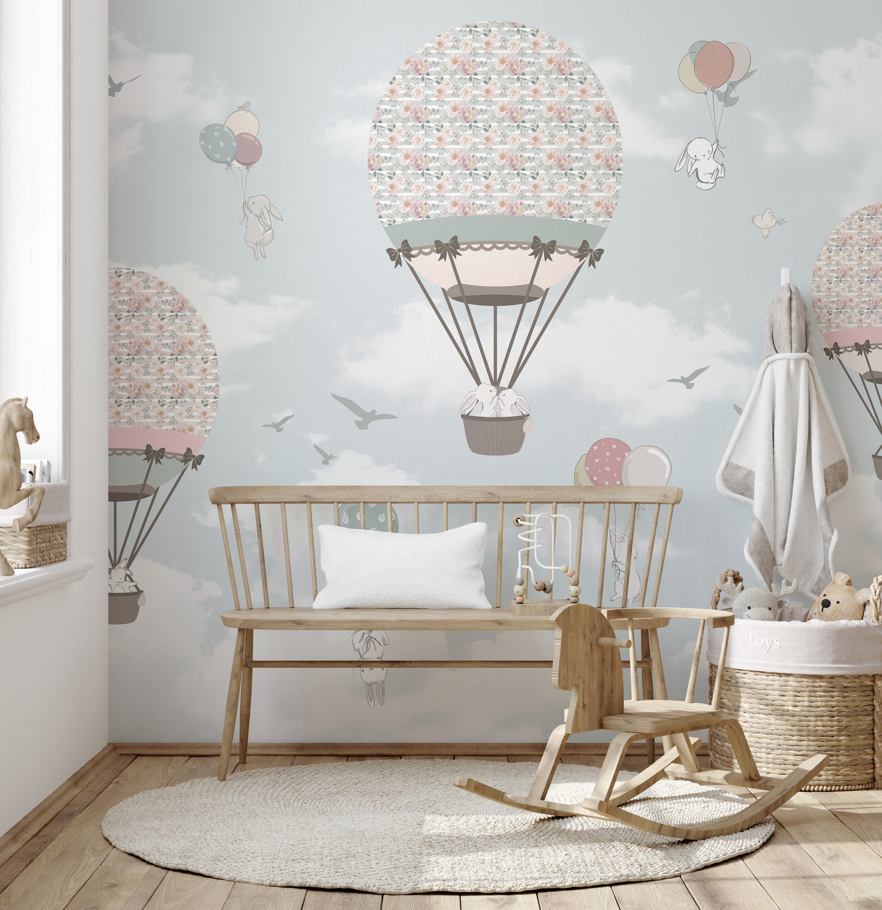 Cartoon animals in sky wallpaper for nurseries