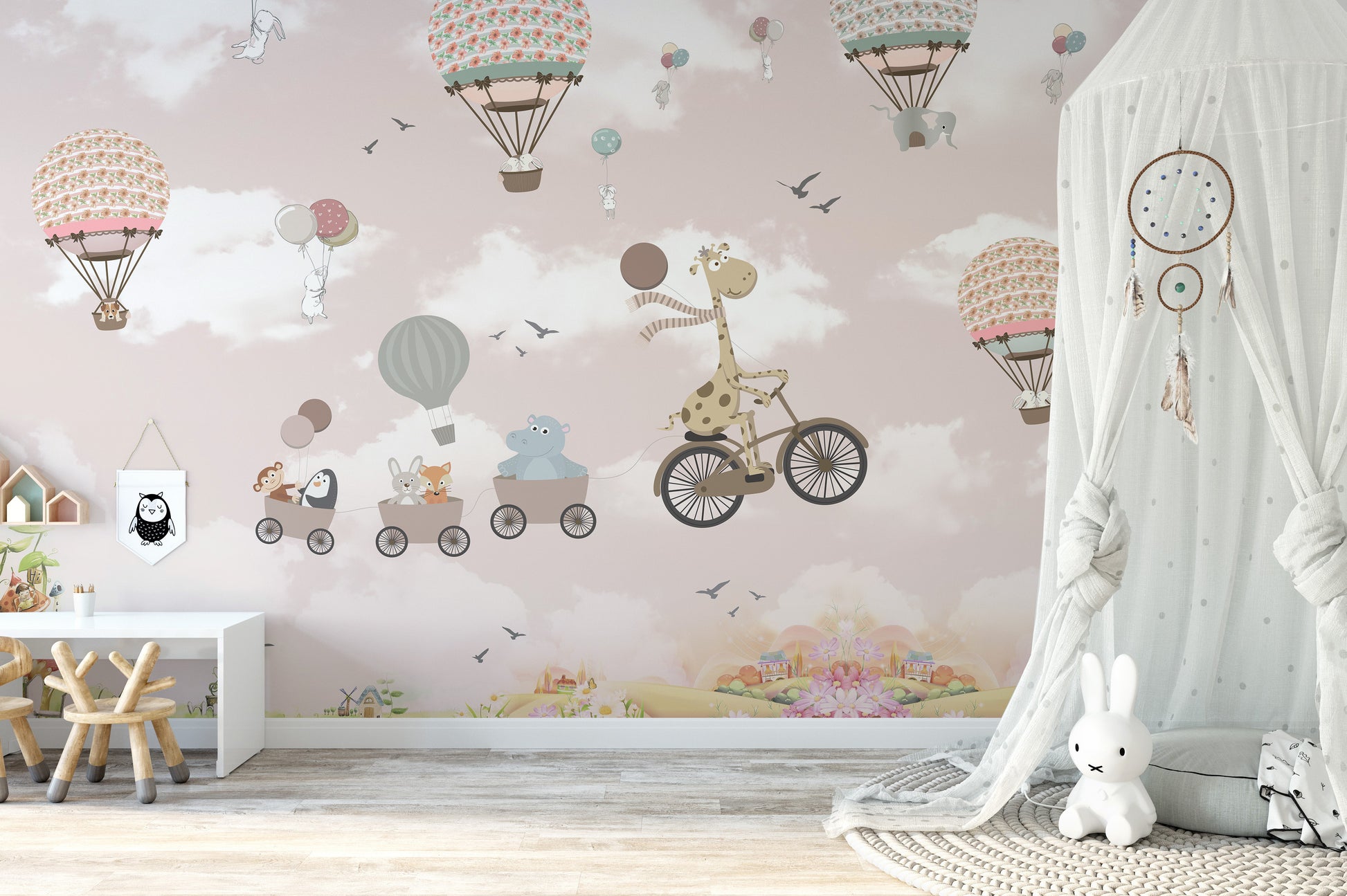 Safari balloon animals wallpaper mural in pink sky theme.
