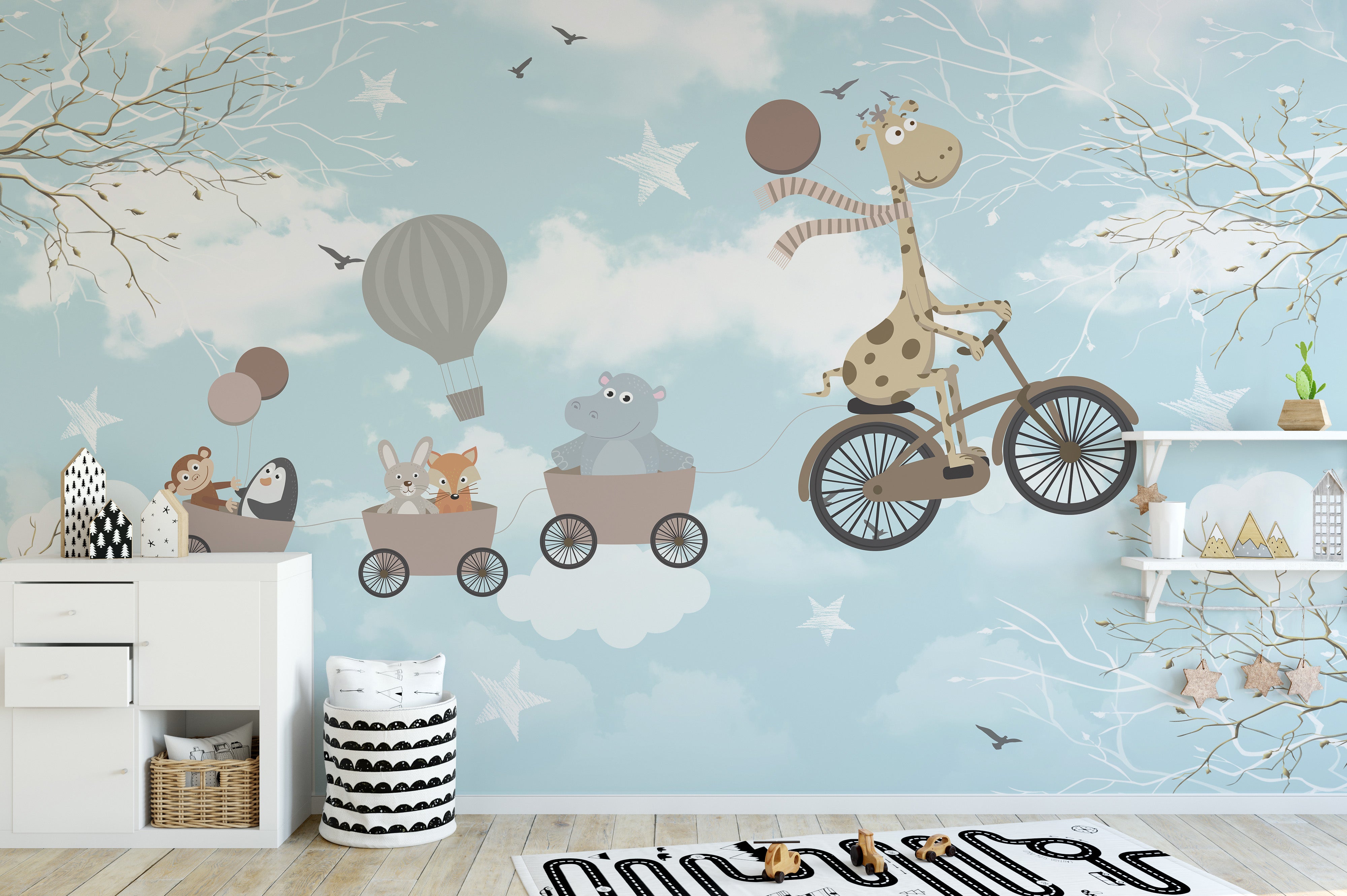 Misty Blue Kids Room Wallpaper with Charming Creatures