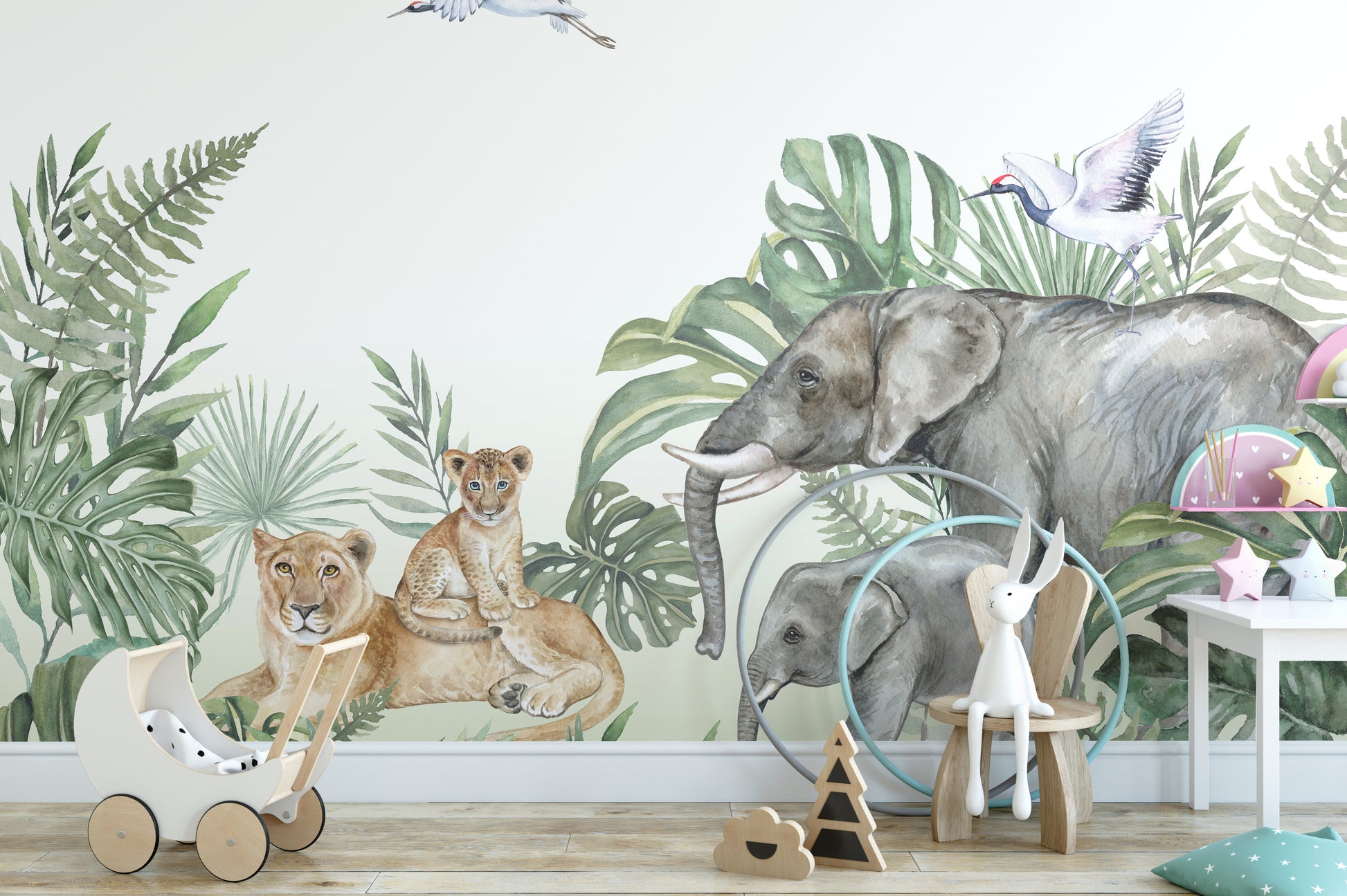 African Safari Wallpaper with Birds and Wildlife Design