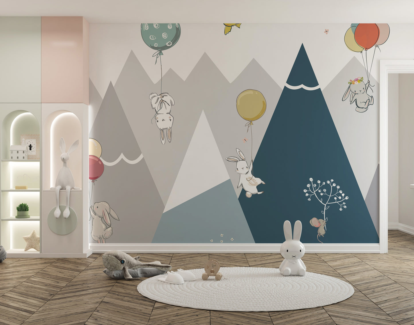 Peel-and-Stick Rabbits Wallpaper with Stylish Hills Design