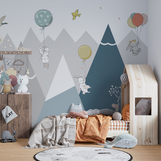 Jovial Rabbits Flying Wallpaper for Kids Room Decor