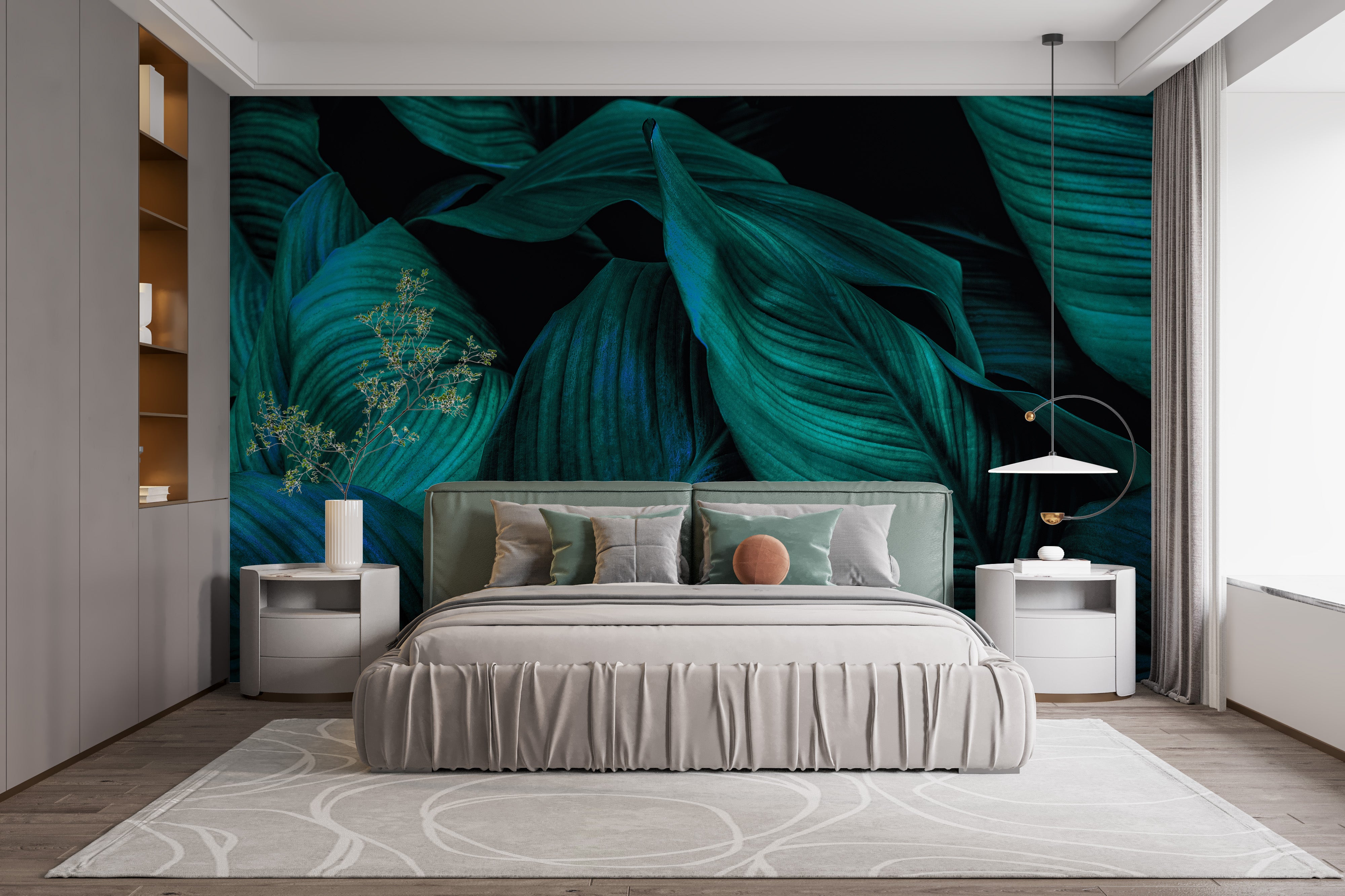 Metallic leaf-inspired mural for bedroom walls
