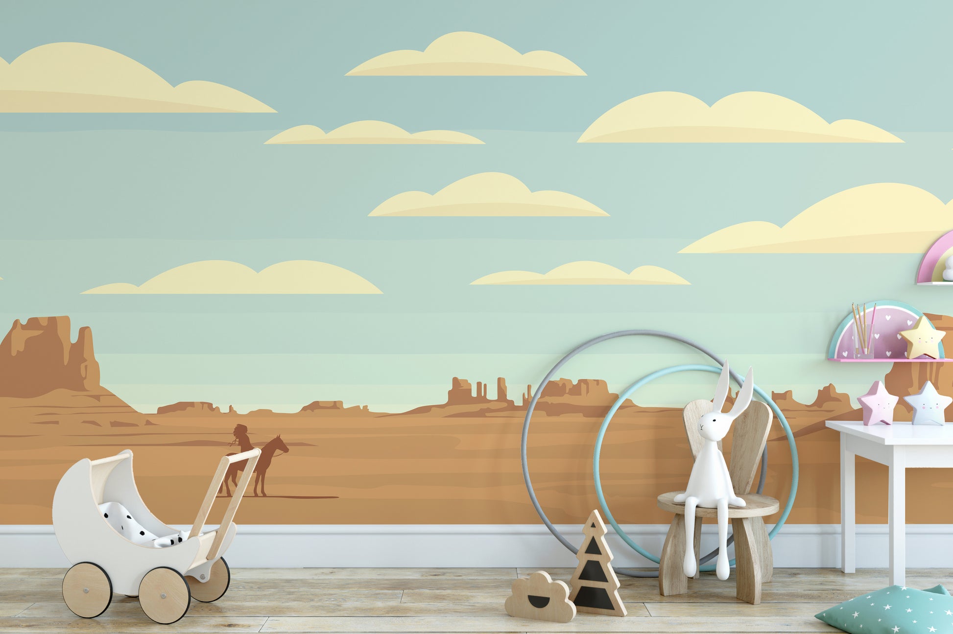 Desert landscape kids mural with clouds and rings
