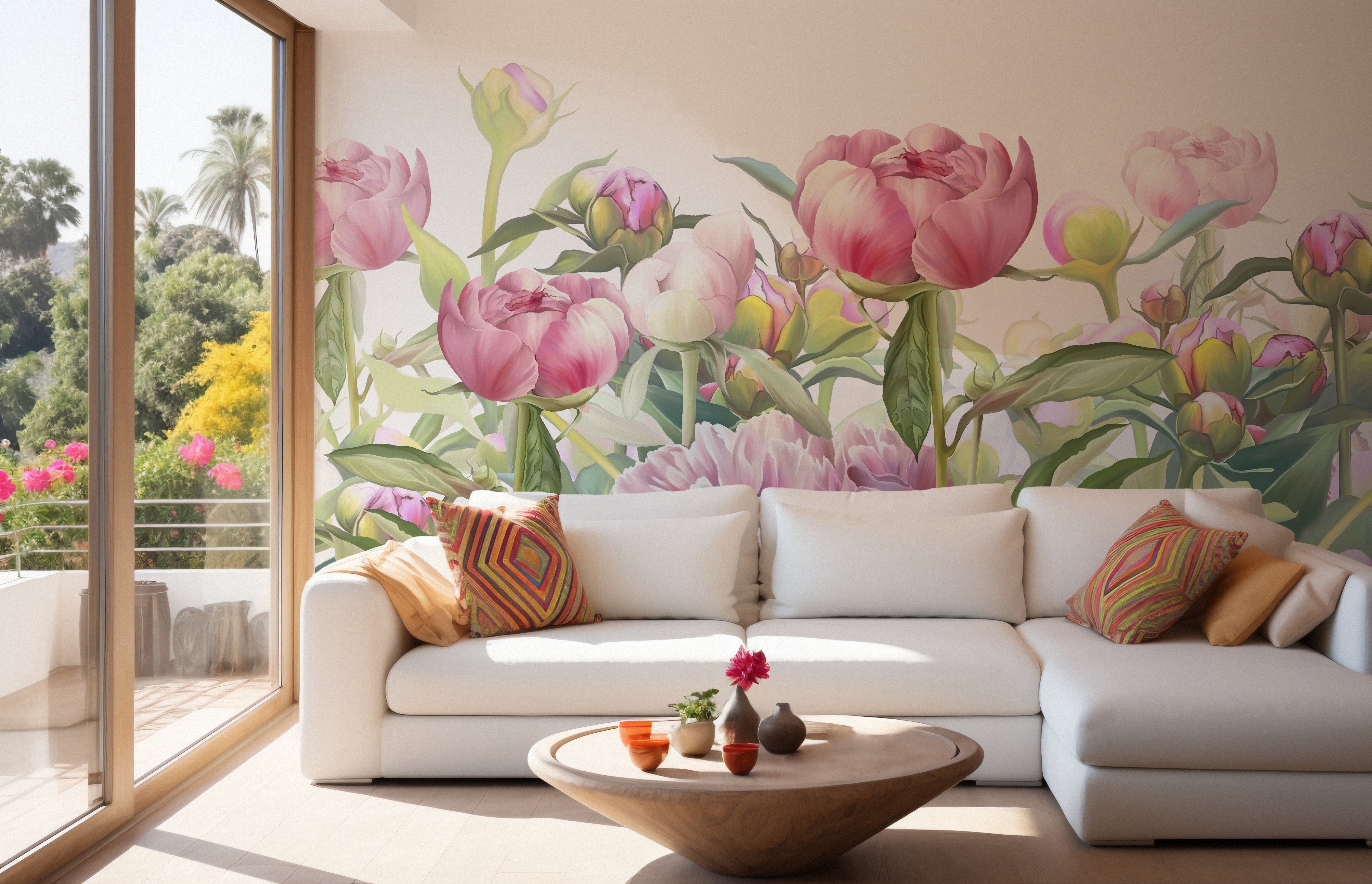 Elegant peony mural for living spaces
