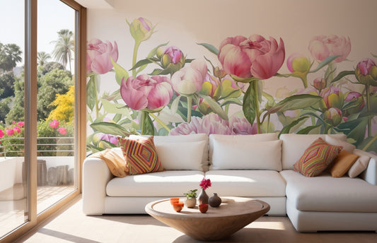 Elegant peony mural for living spaces
