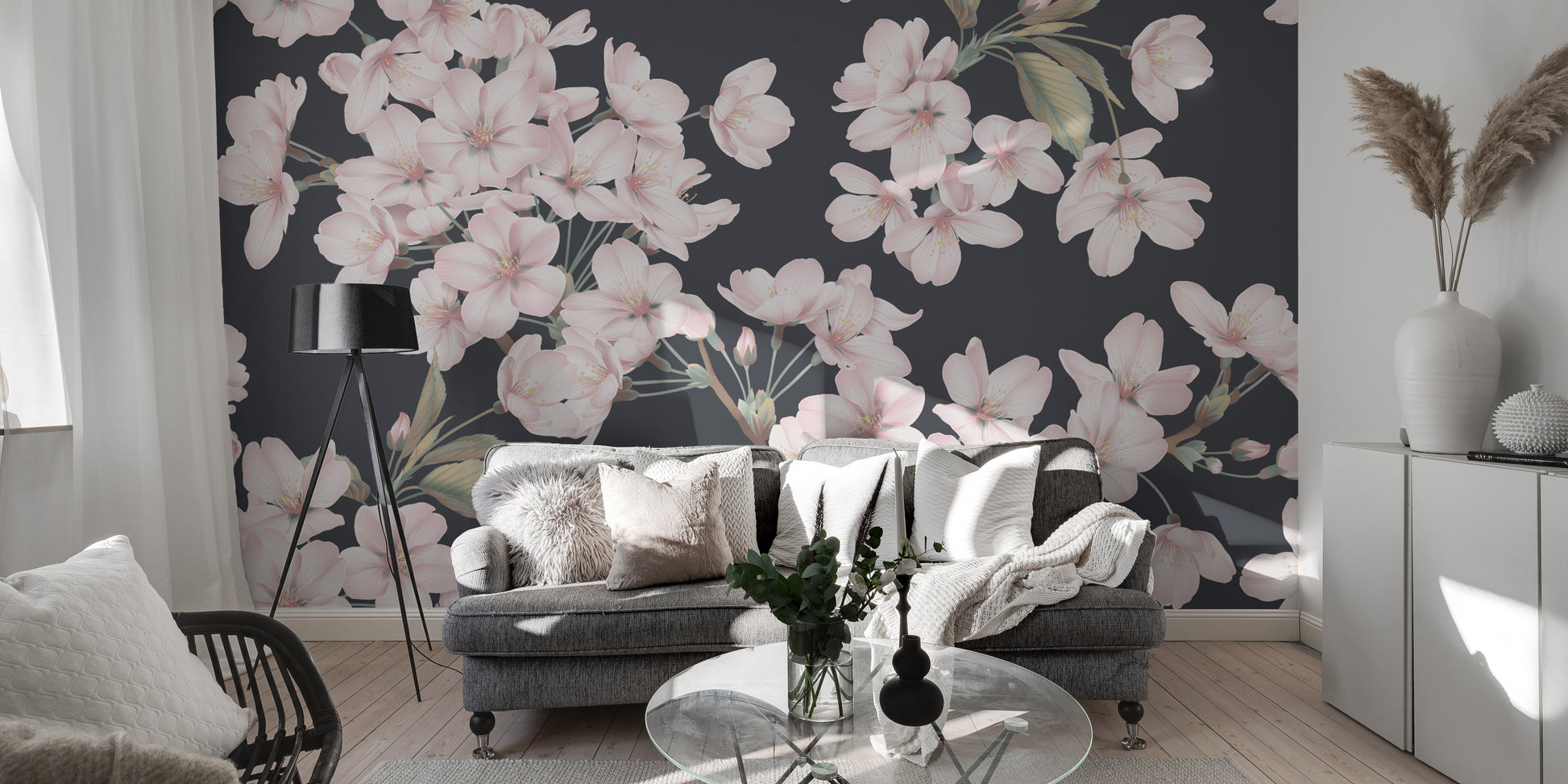 Elegant floral wallpaper in pastel pink shades
