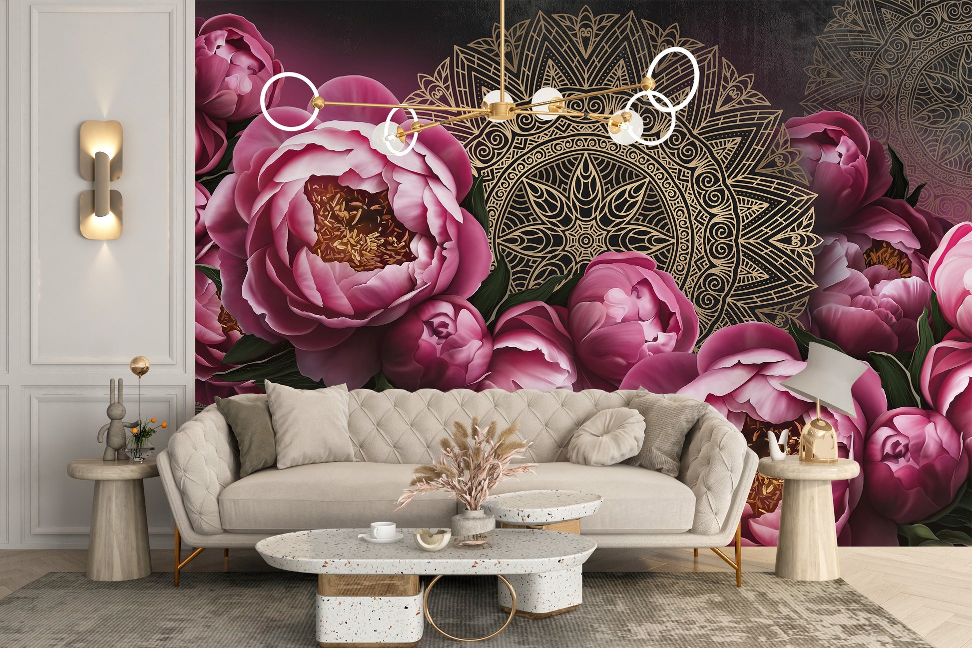 Bold pink blooms and mandala pattern wallpaper
