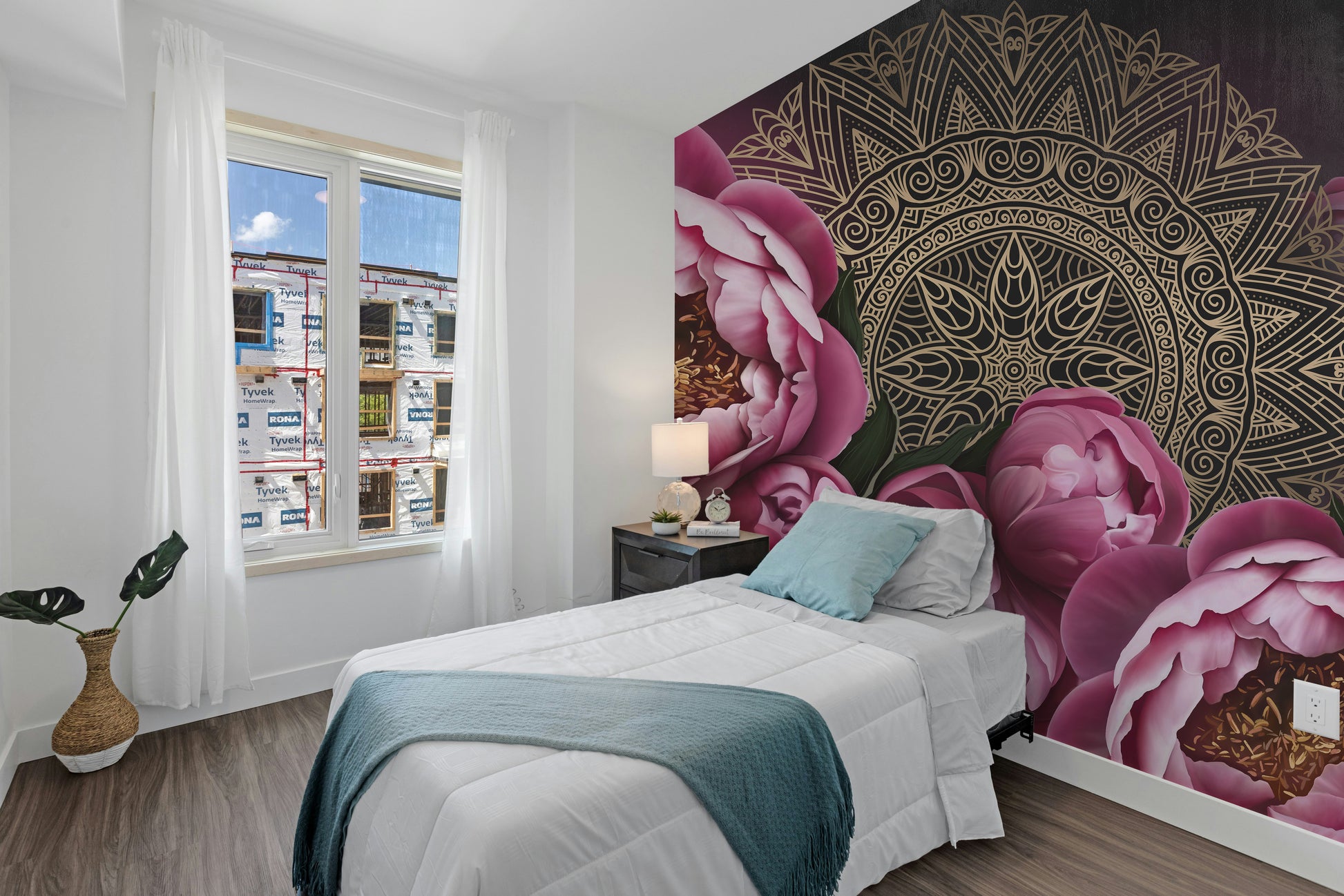 Pink floral mural with intricate mandala design for bedroom
