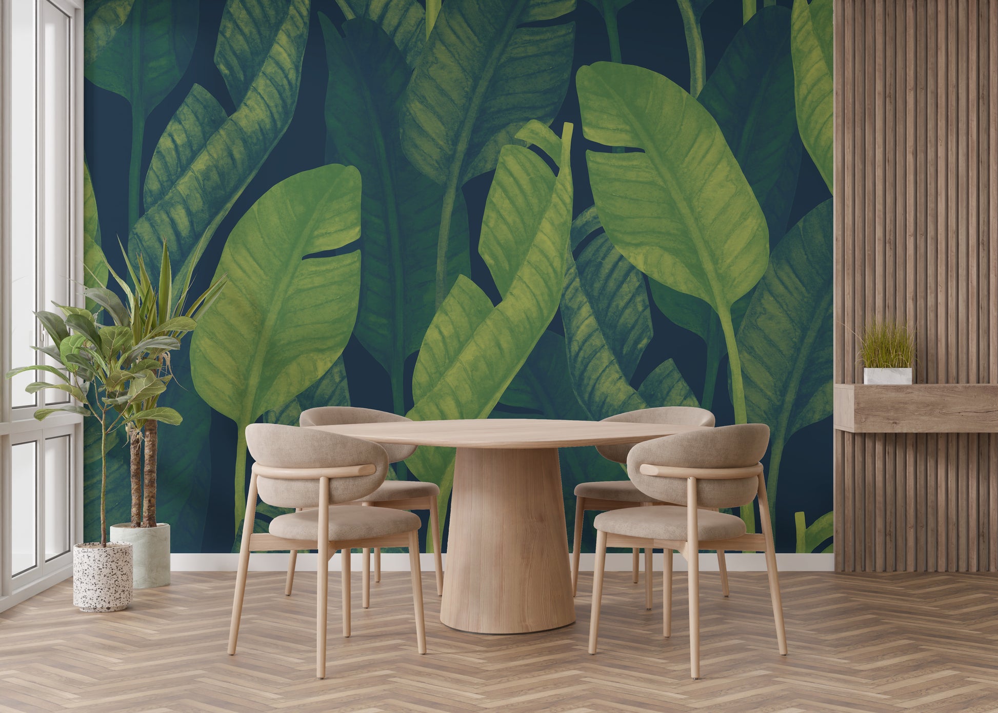 Nature-inspired wallpaper mural with banana leaves
