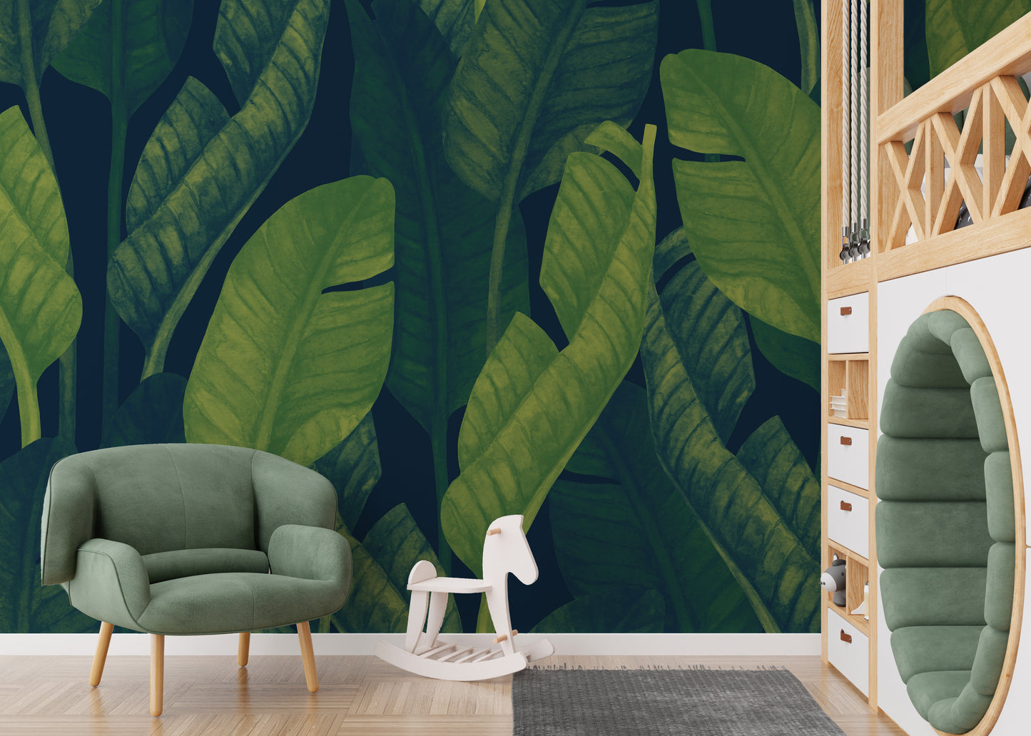 Tropical banana leaf wallpaper mural in deep green
