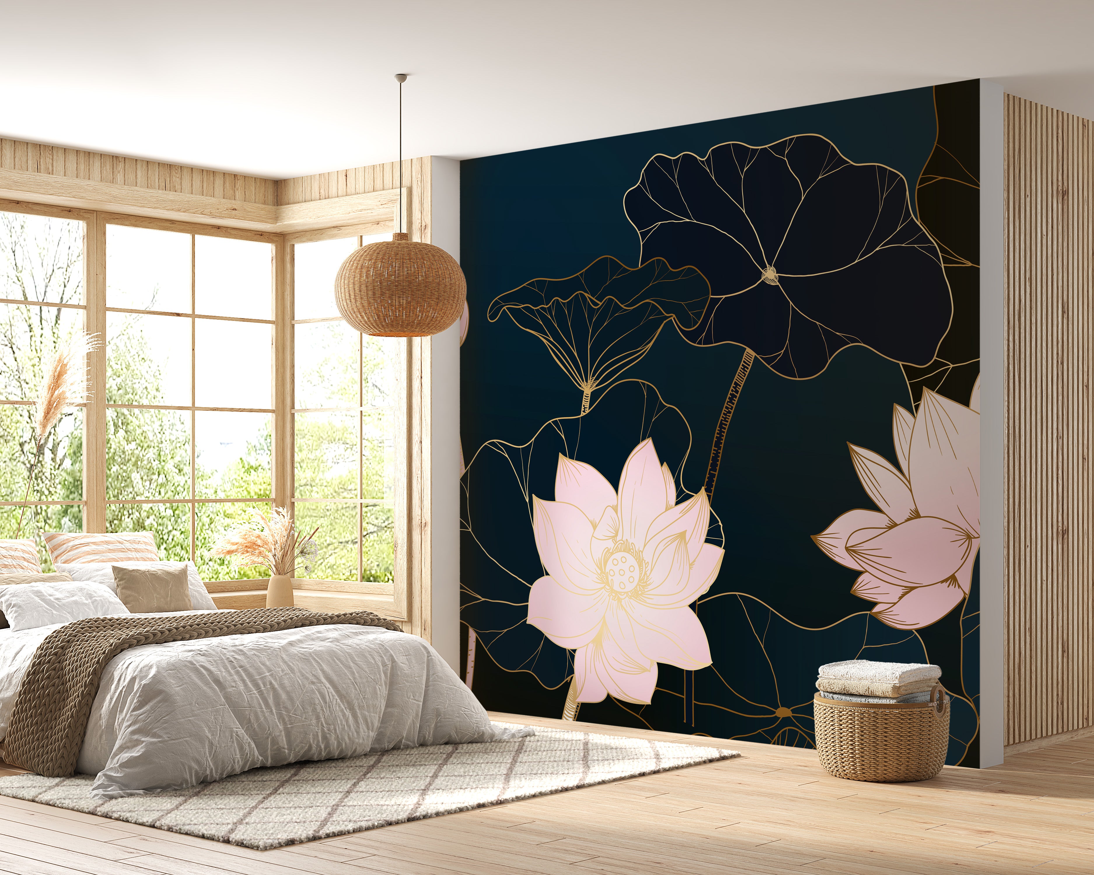 Elegant wallpaper mural with golden lotus motifs
