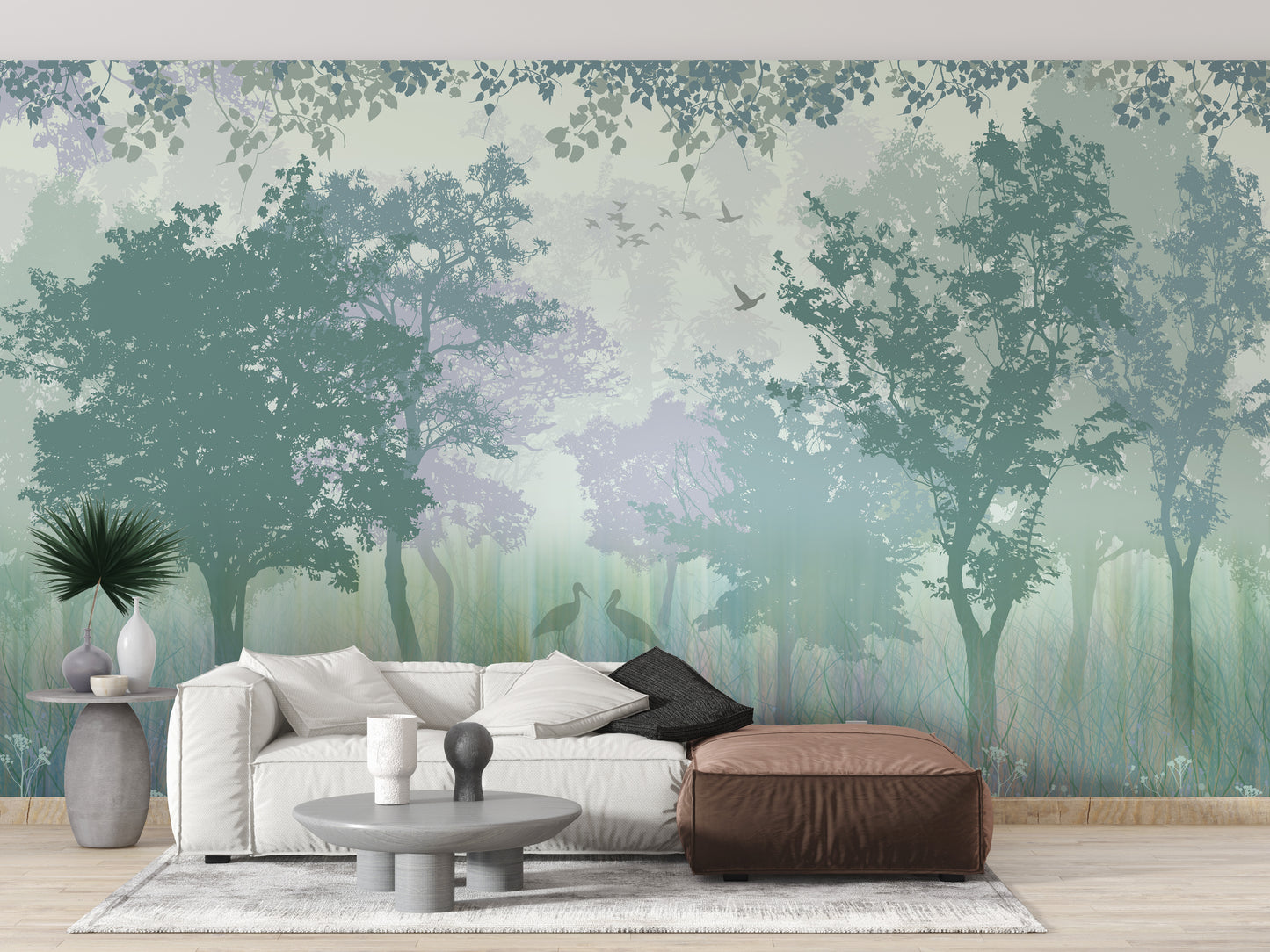 Forest Green Wallpaper with Serene Herons