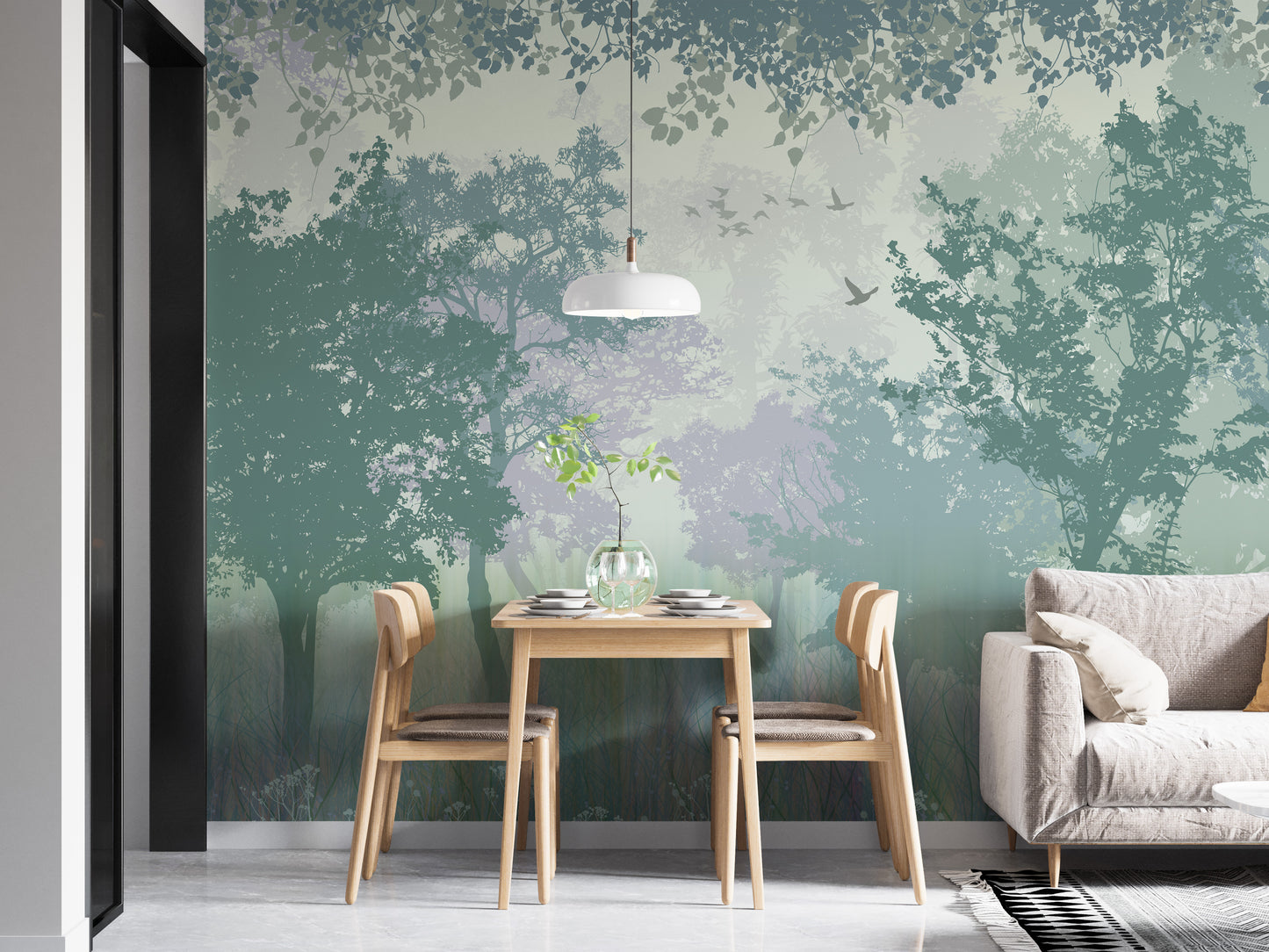 Forest Green Wallpaper with Serene Herons