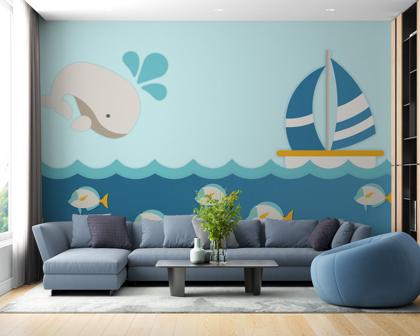 Whale and boat wallpaper mural for ocean-themed kids room
