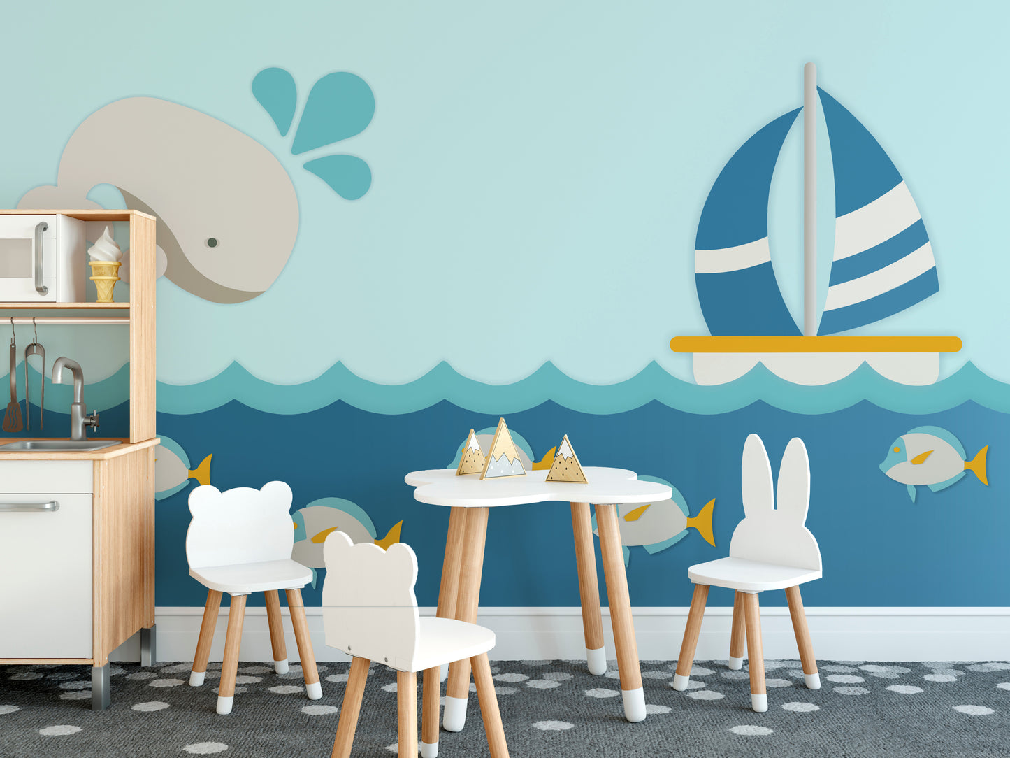 Cute ocean-themed nursery wallpaper with whale and fish
