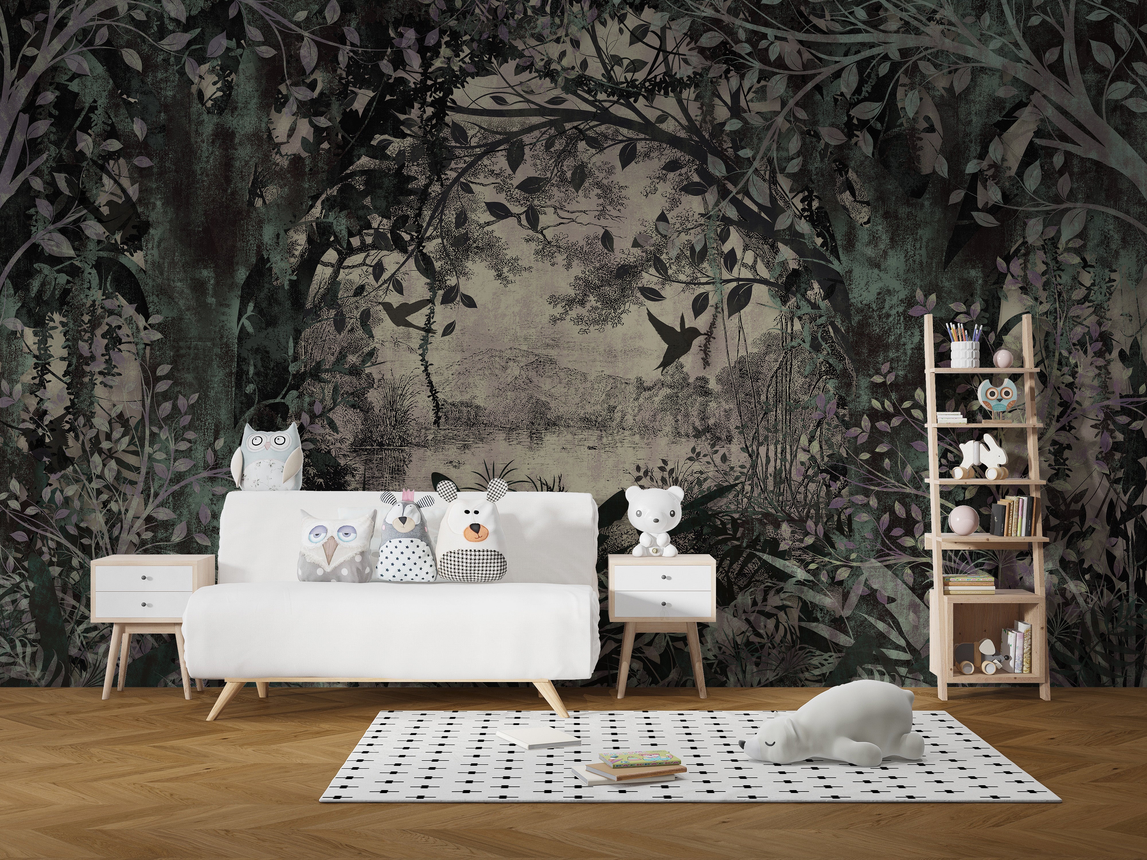 Dense green forest mural for peaceful walls
