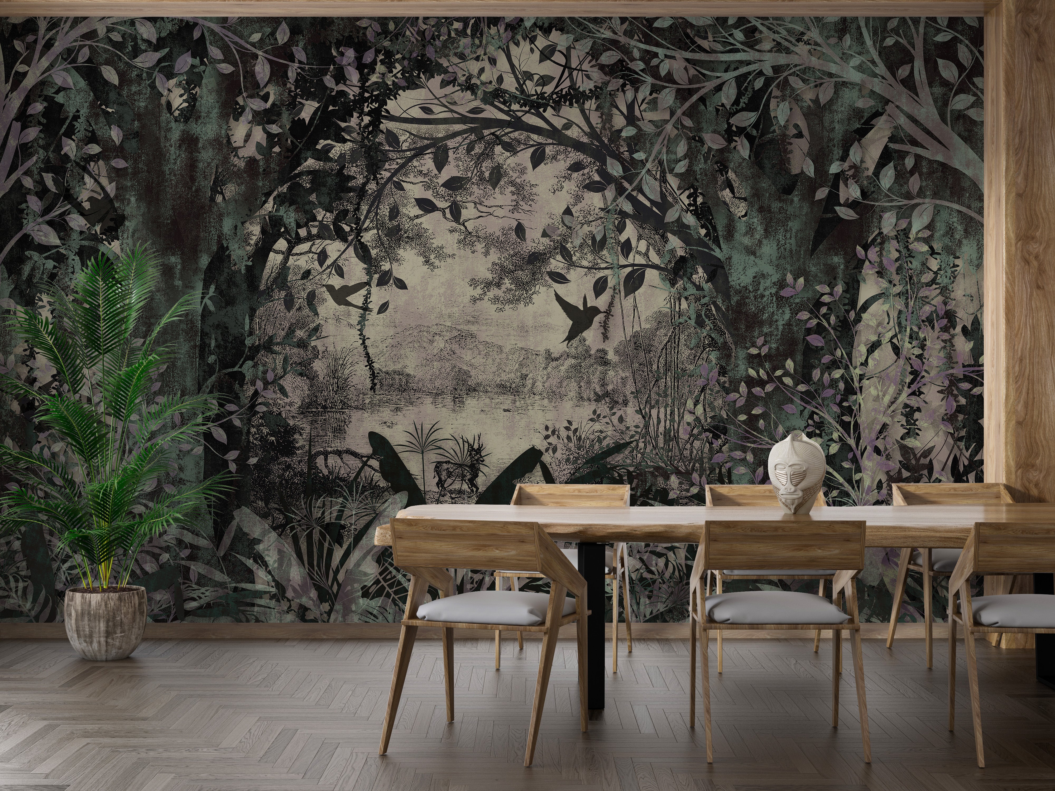 Dense forest wallpaper mural with dusky green hues
