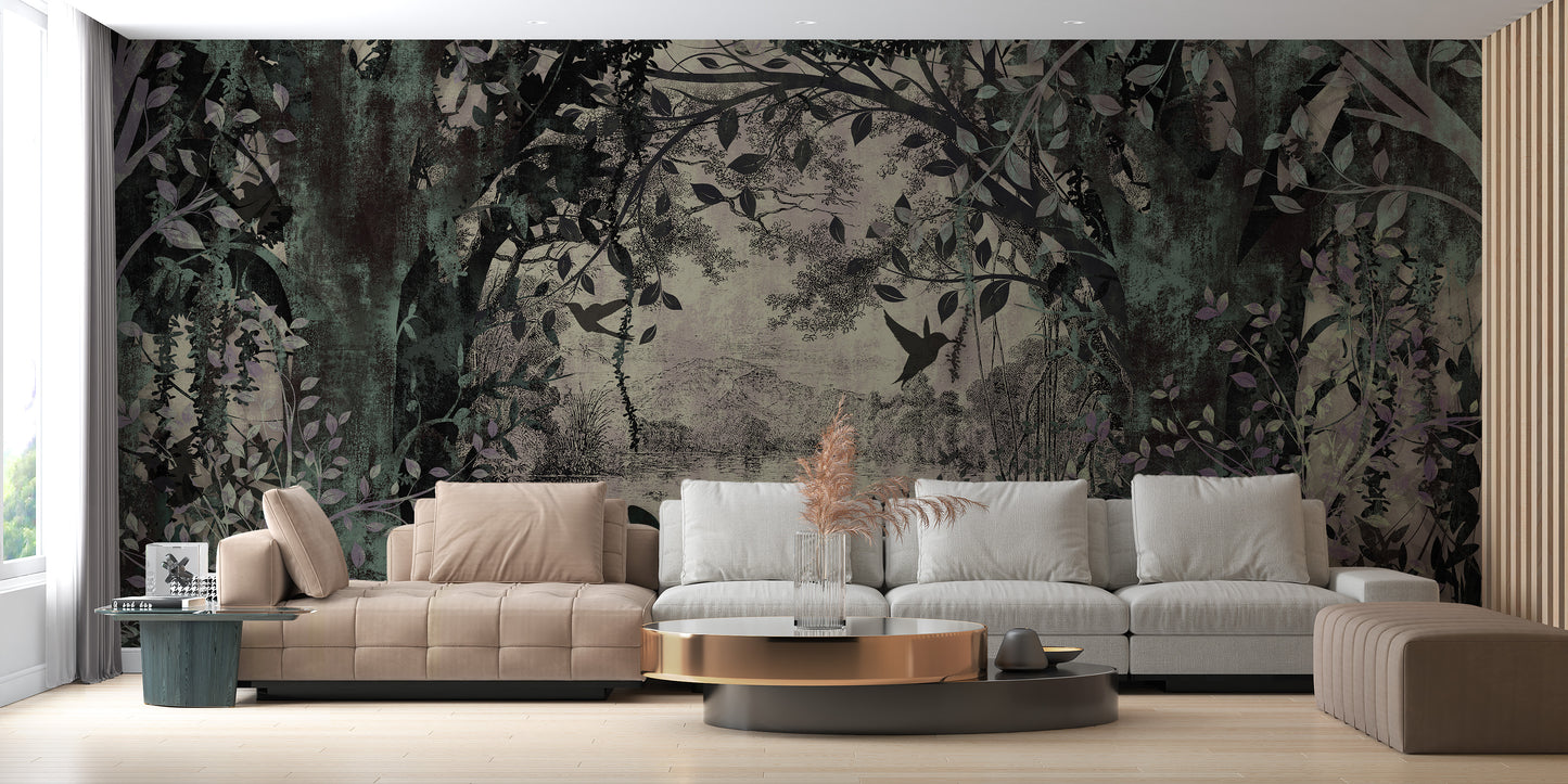 Dense forest mural wallpaper in calming green tones
