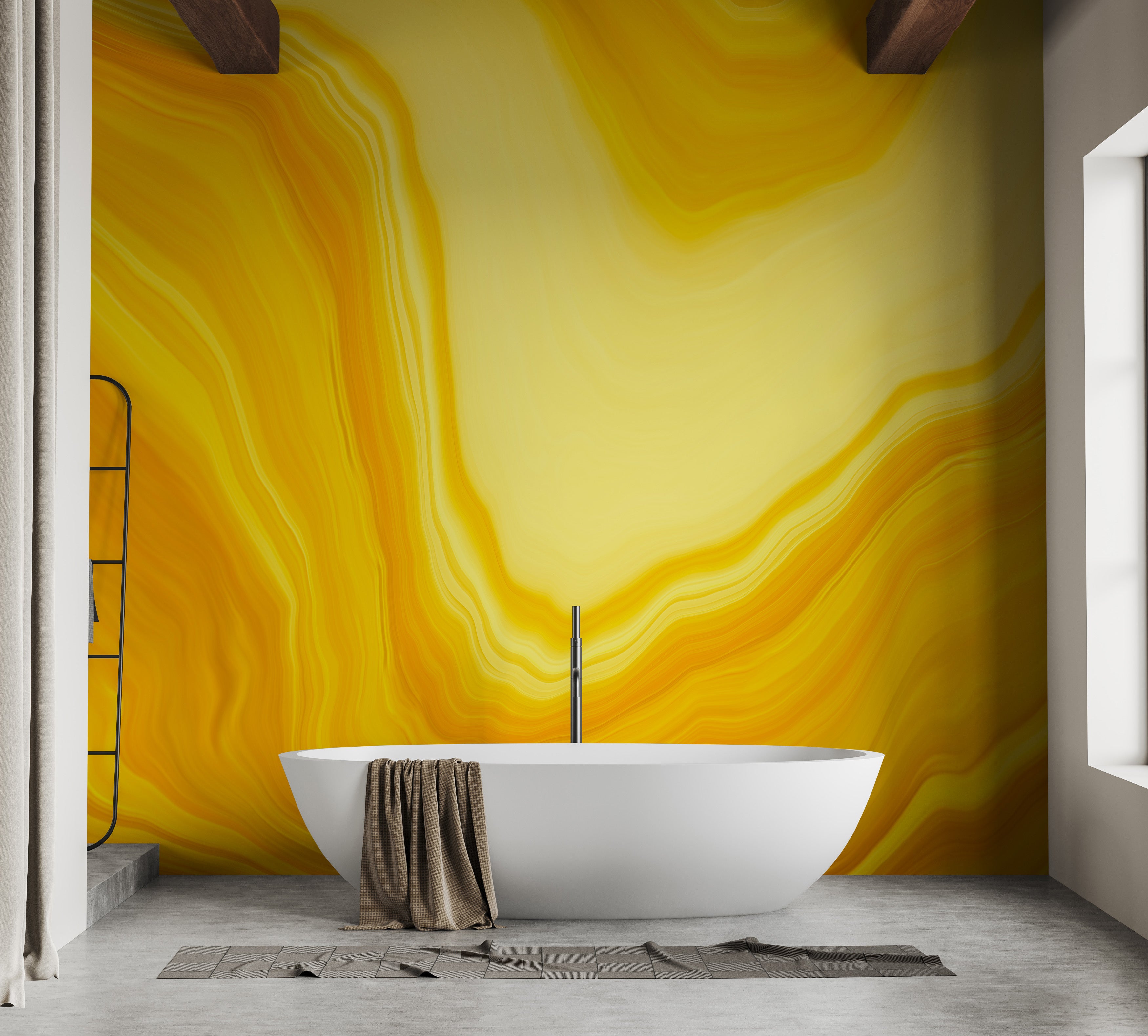 Flowing metallic yellow mural for modern decor
