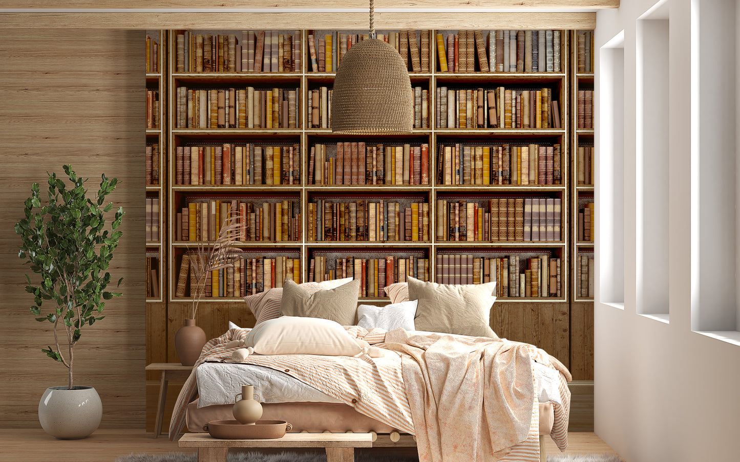 Realistic mural of stacked books for wall decoration
