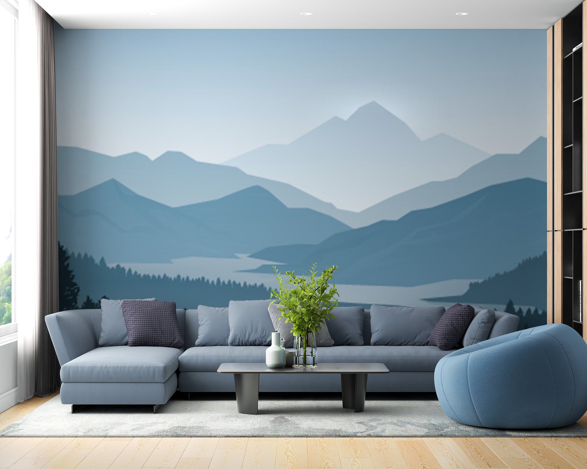 Calm mountain fog wallpaper mural in blue hues
