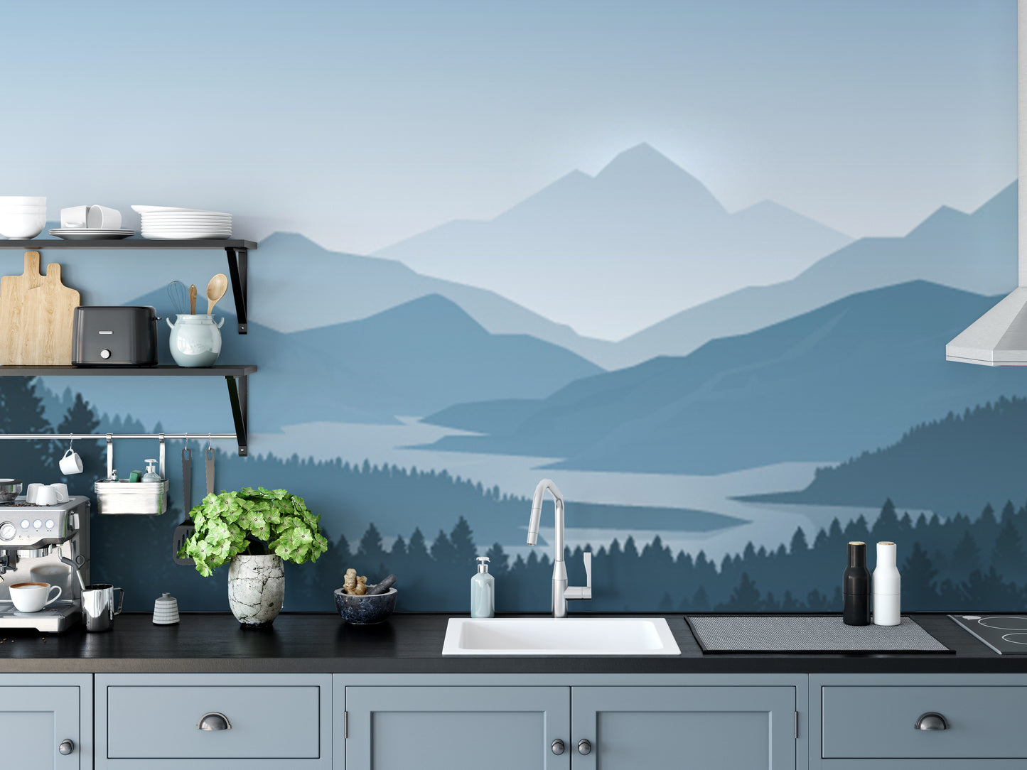 Blue Color Foggy Forest Mountain Wallpaper Murals