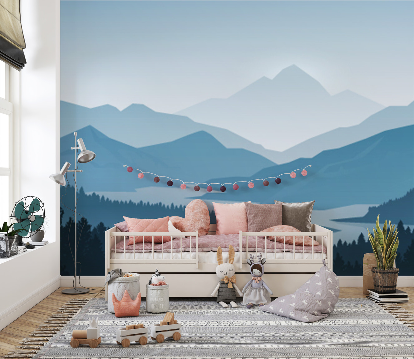 Blue foggy forest mountain wallpaper mural for walls
