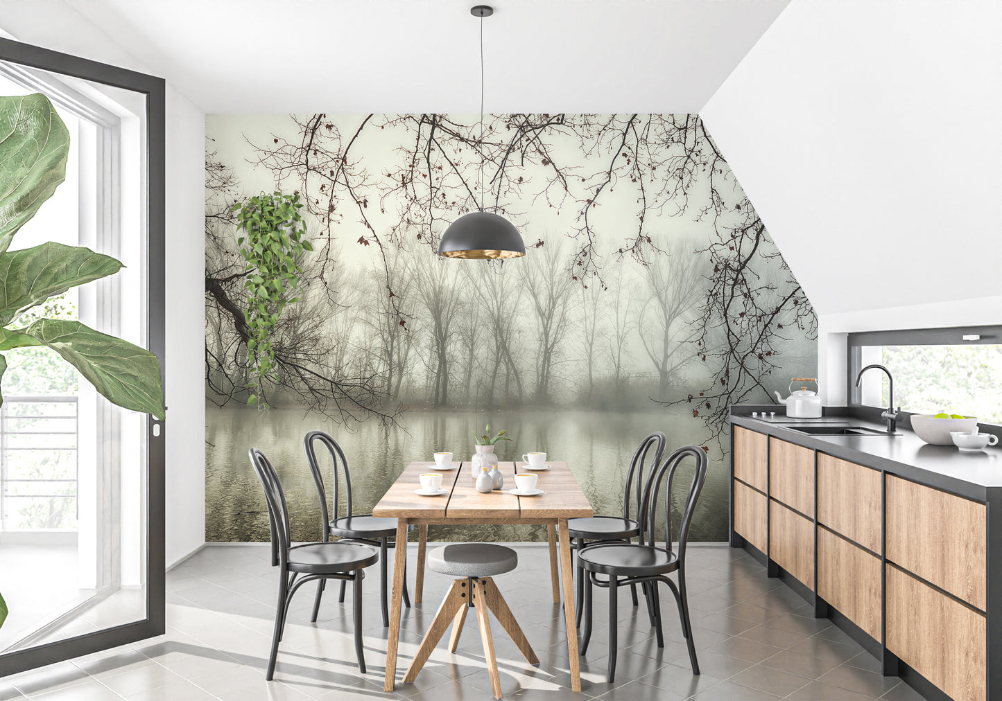 Enchanting foggy forest wallpaper mural for walls
