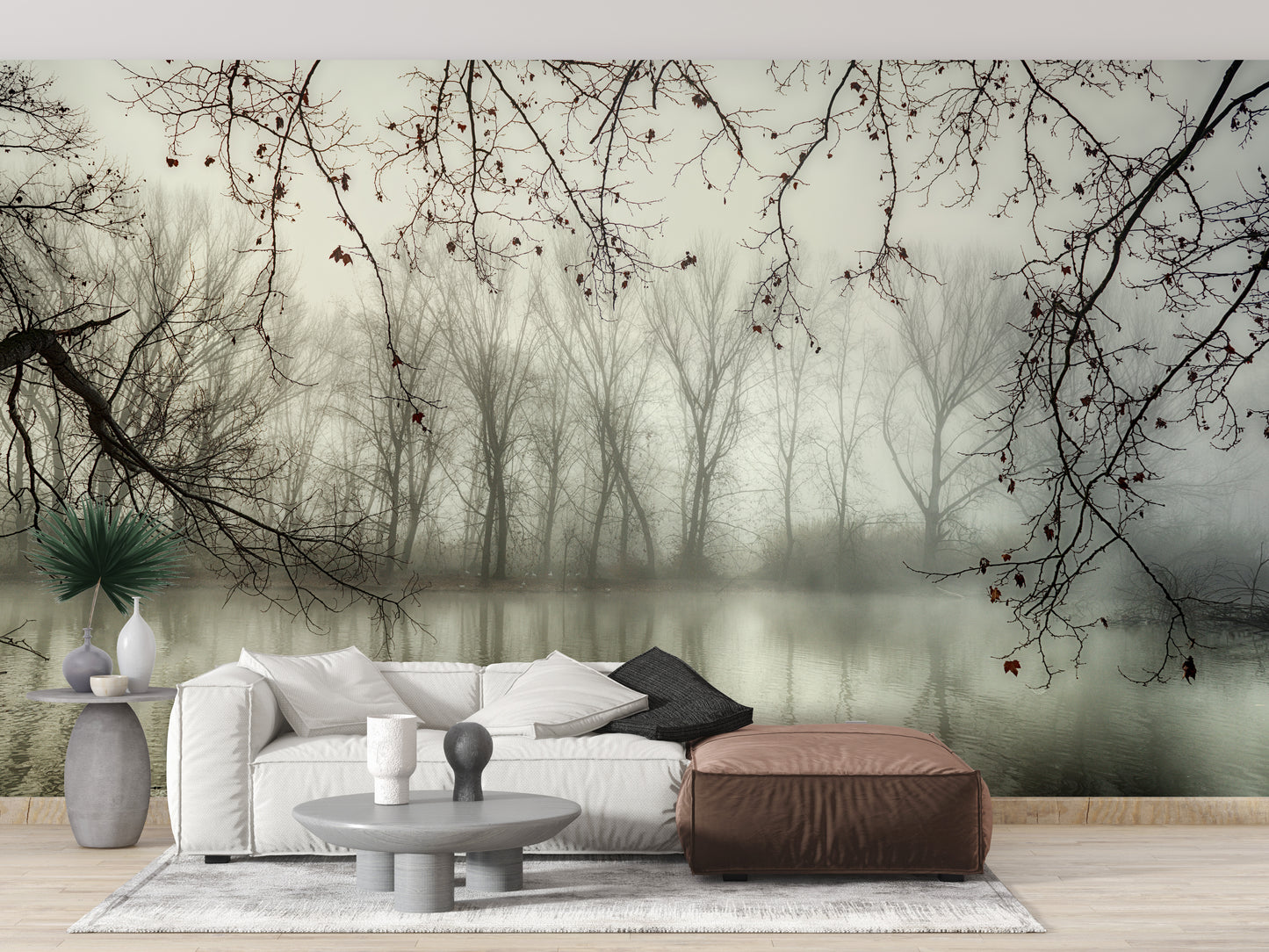 Foggy Spooky Woodland Forest With River Wallpaper Murals