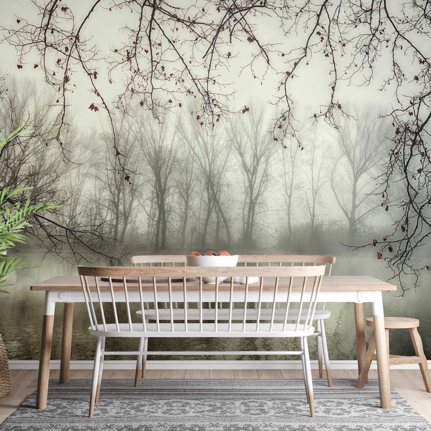 Foggy Spooky Woodland Forest With River Wallpaper Murals