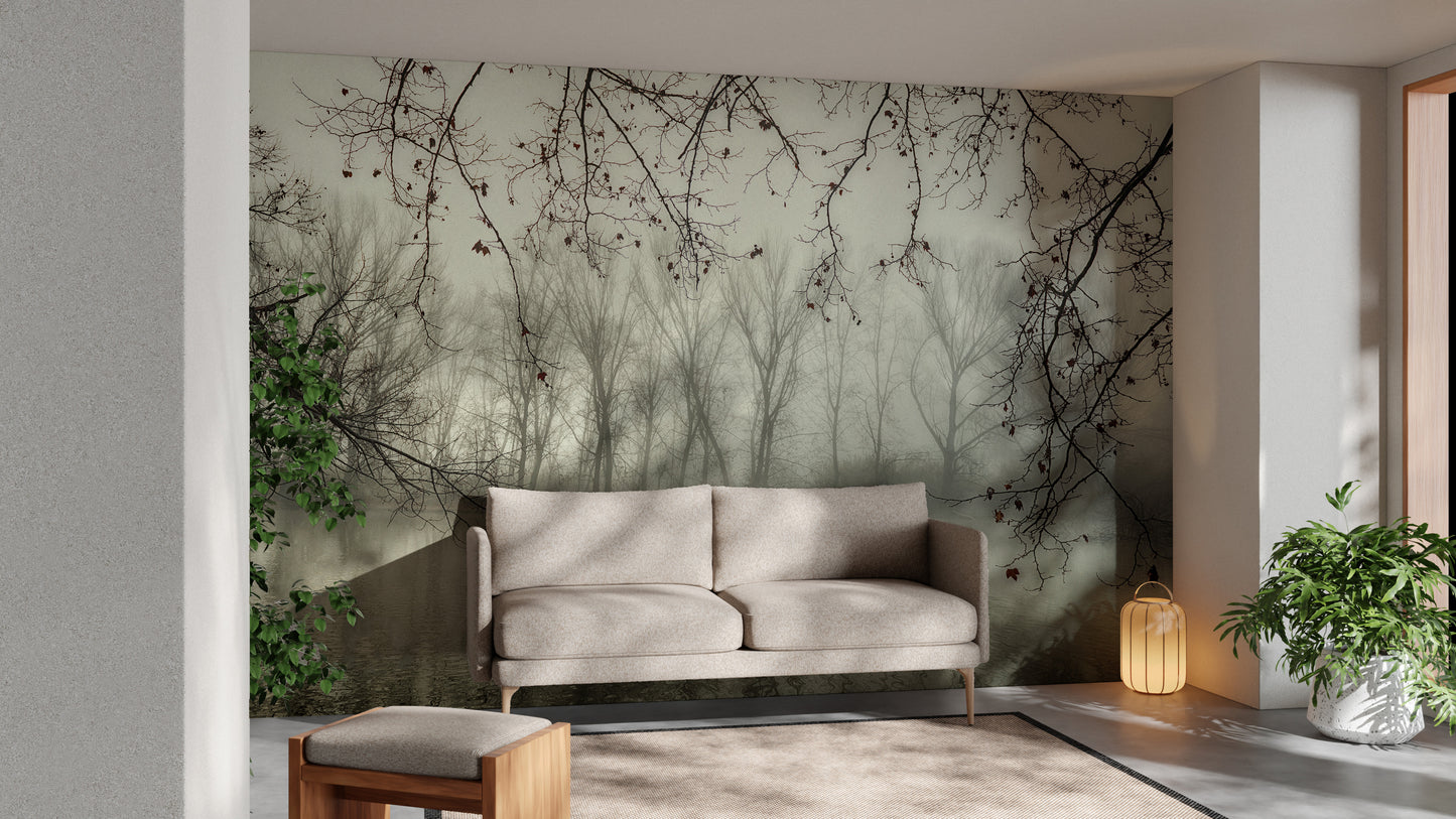 Foggy river wallpaper mural for a serene forest look
