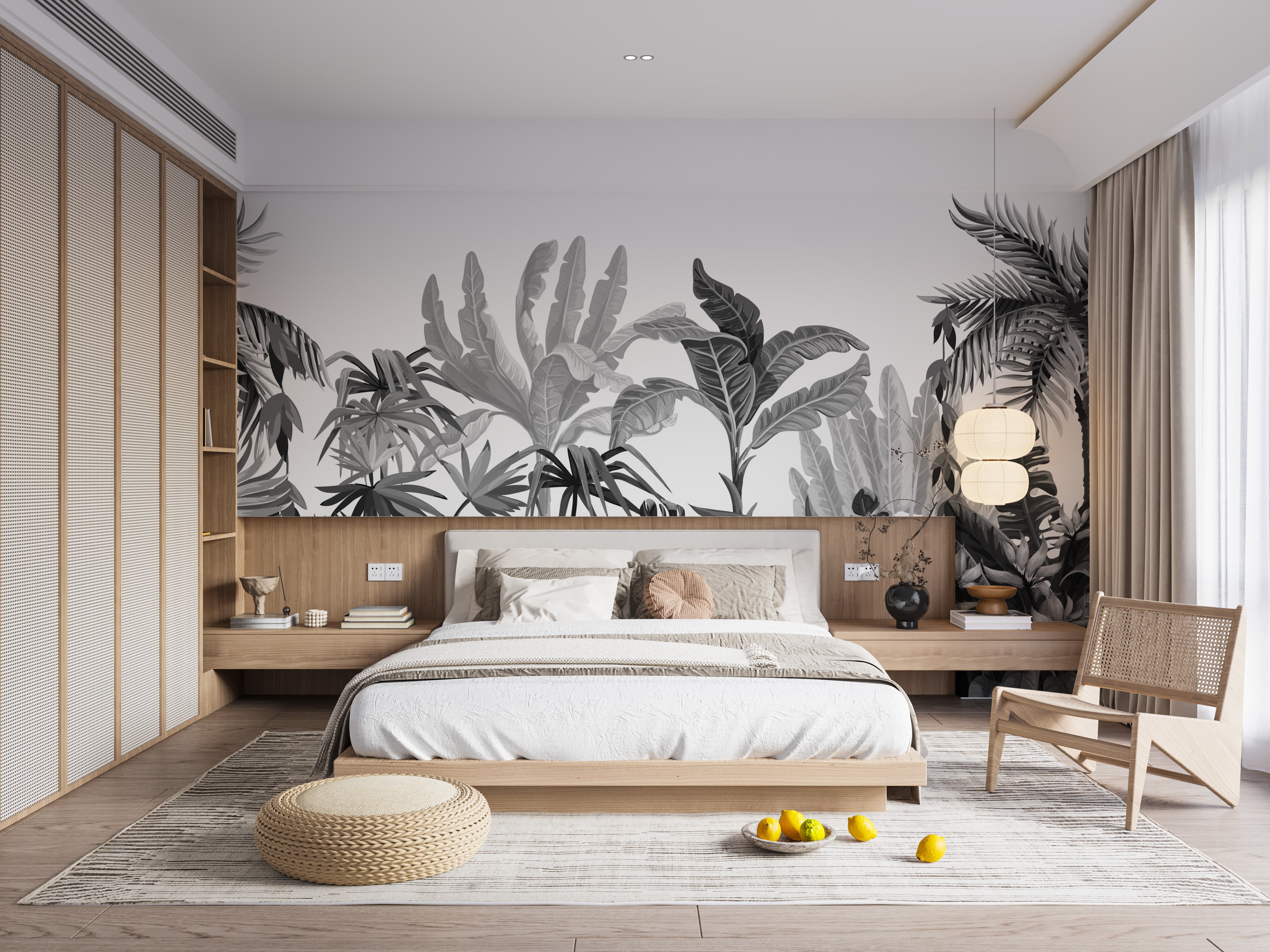 Tropical-inspired monochrome mural for sleek interiors
