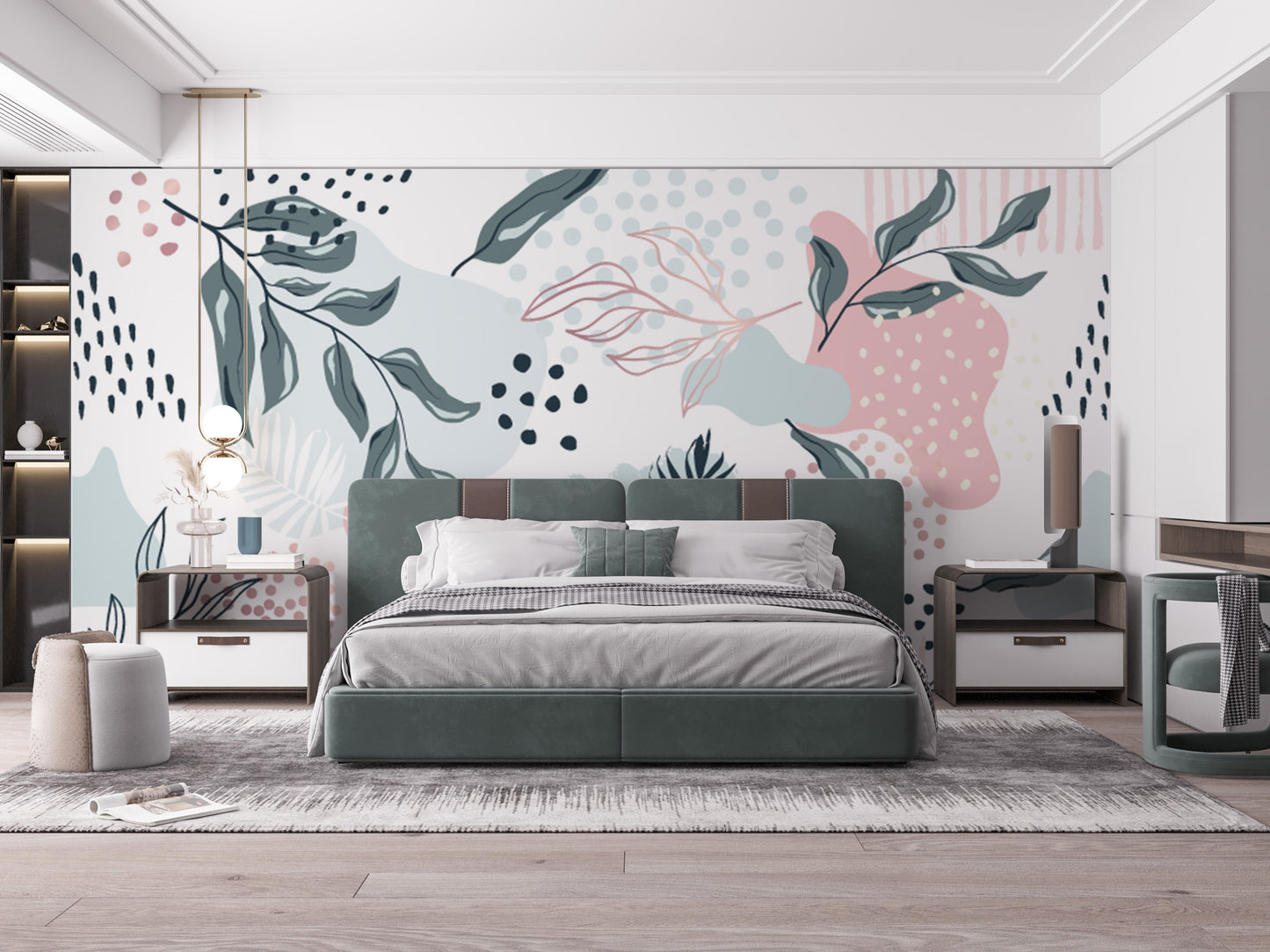 Trendy mural with vibrant and modern leaf patterns
