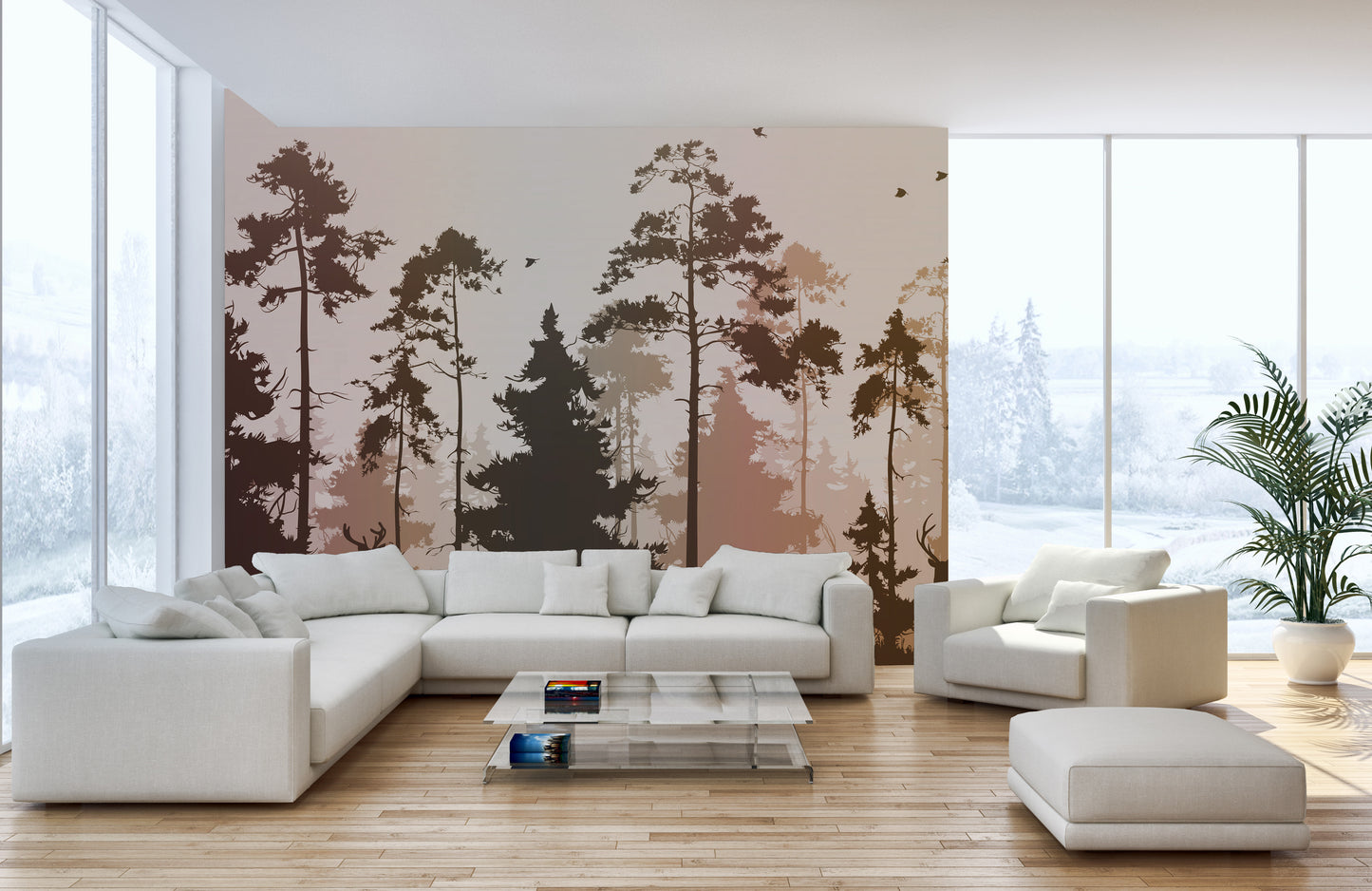 Dark silhouette forest mural featuring autumn vibes
