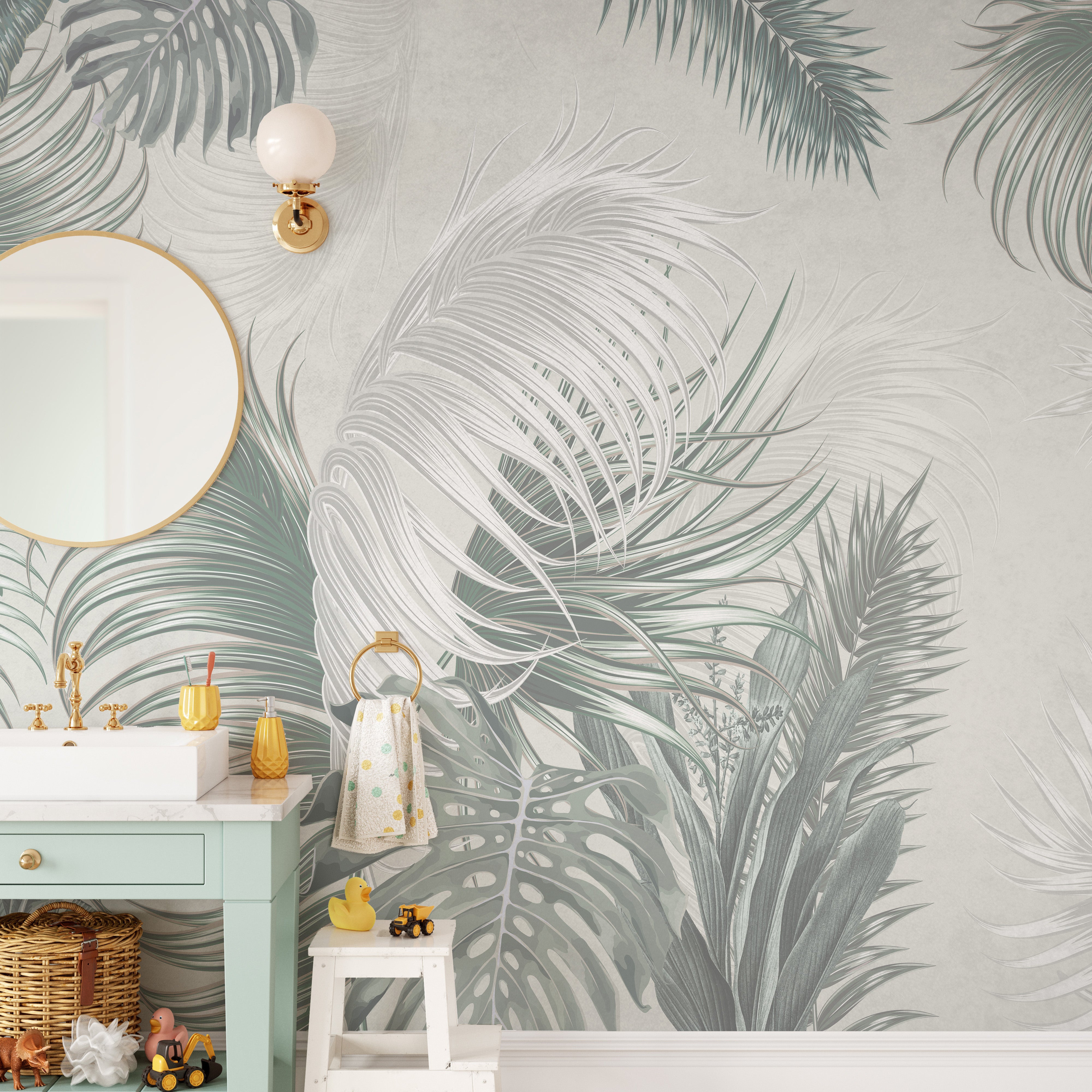 Modern palm leaf wallpaper in gray-green
