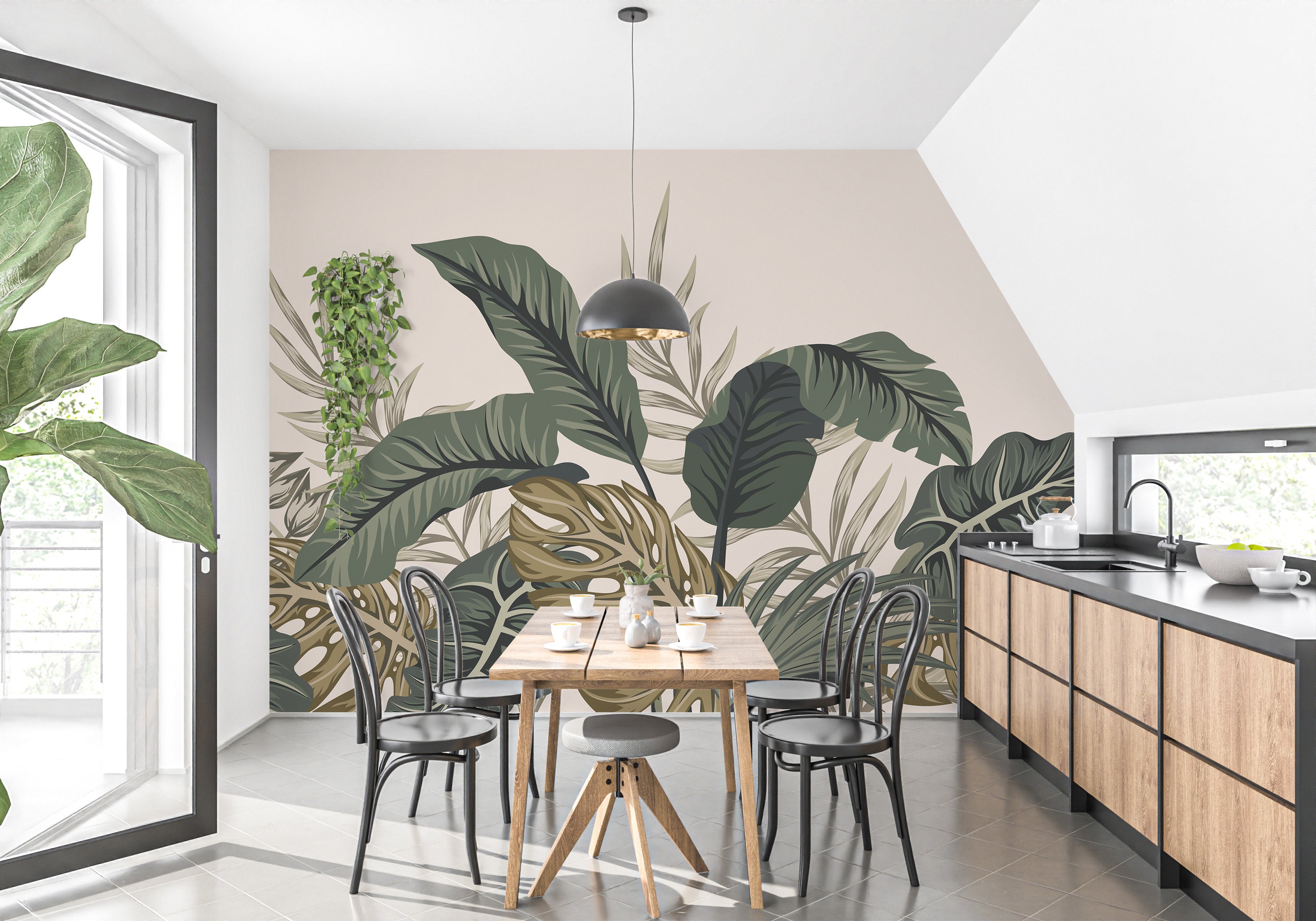 Tropical leaves mural with fern patterns
