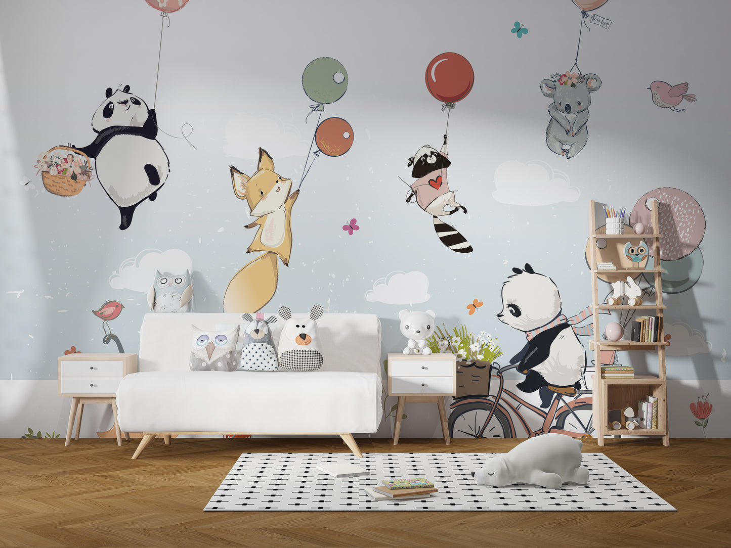 Flying Animals with Balloons in the Air Wallpaper Murals