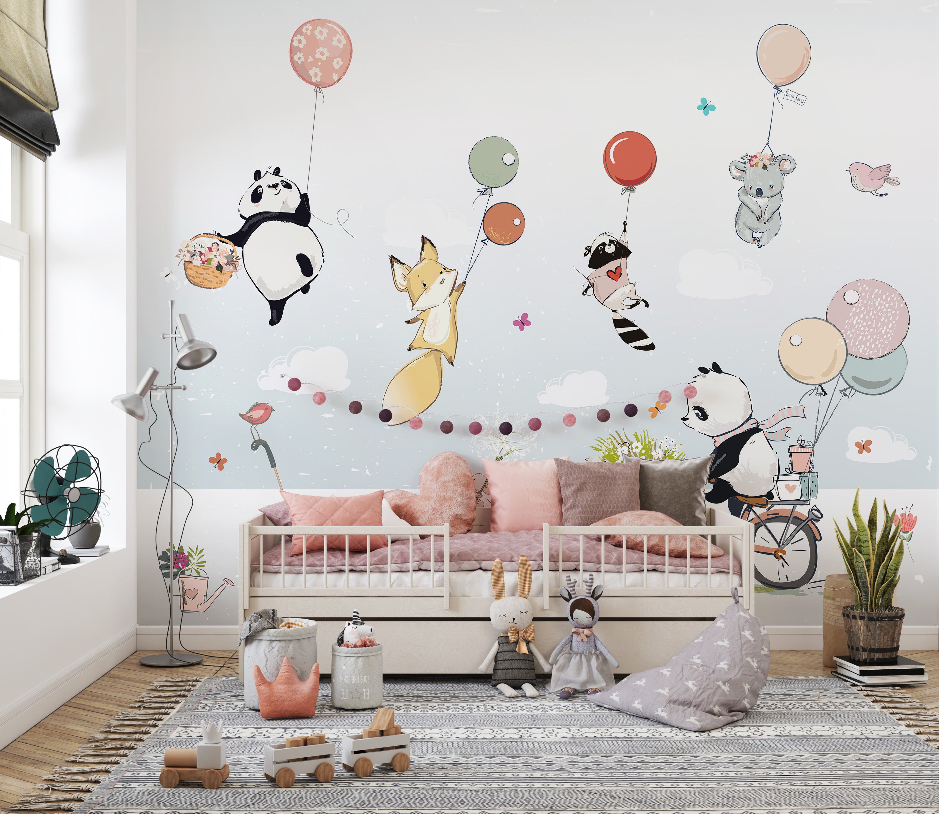 Nursery wallpaper with floating animals design
