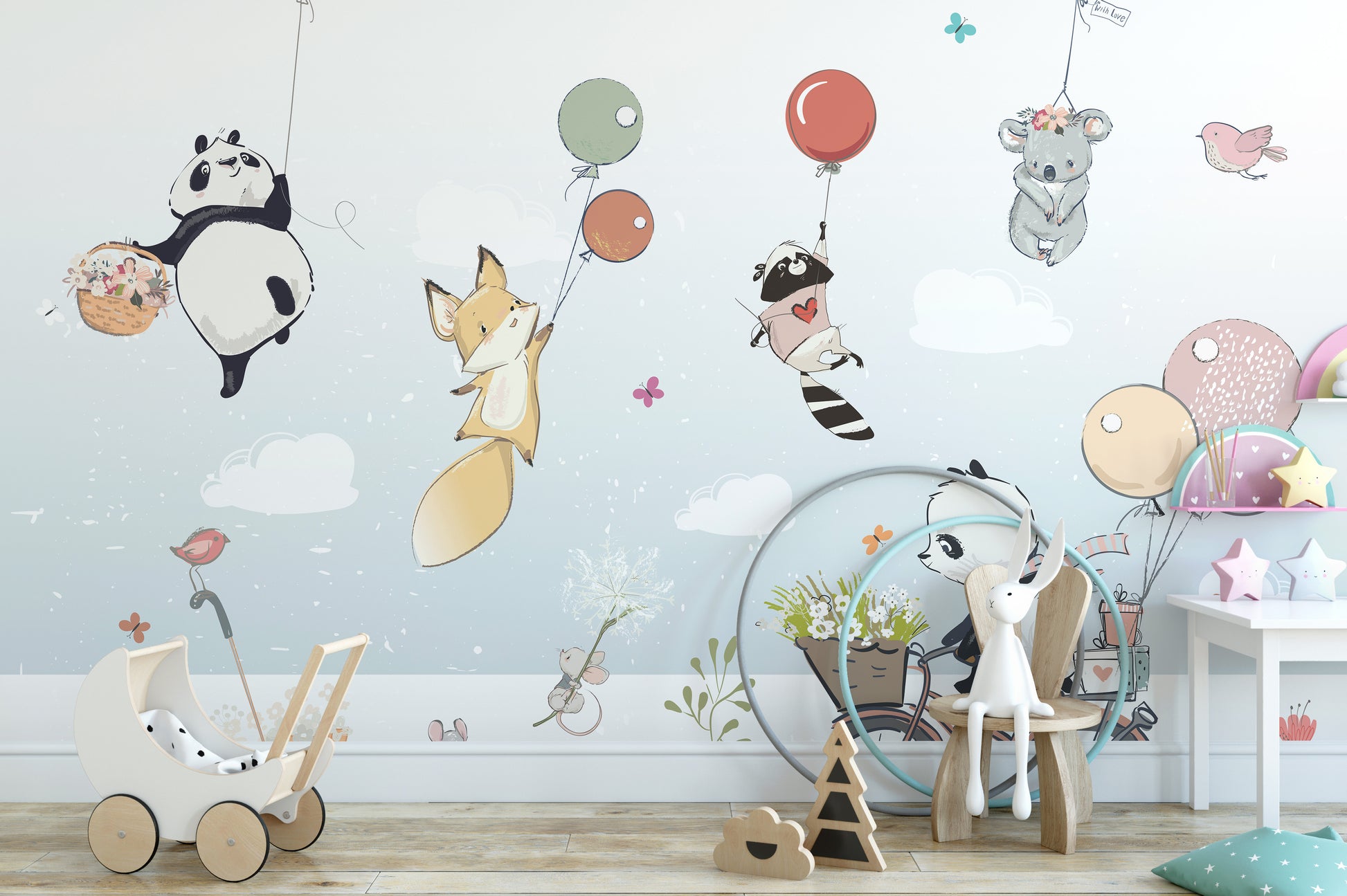 Whimsical flying animals mural for children
