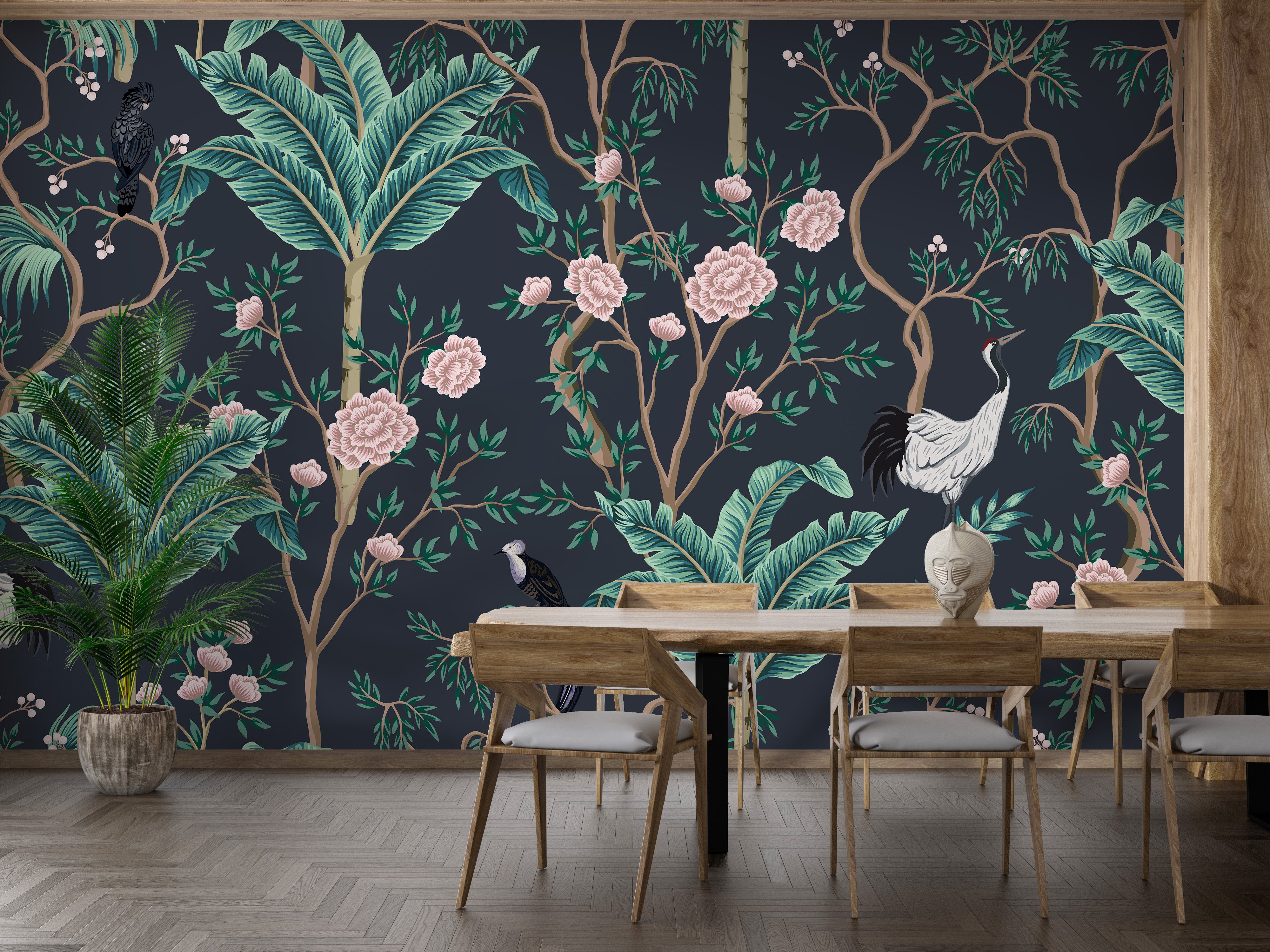 White Birds with Green Leaves & Pink Floral Wallpaper Mural - Giffywalls