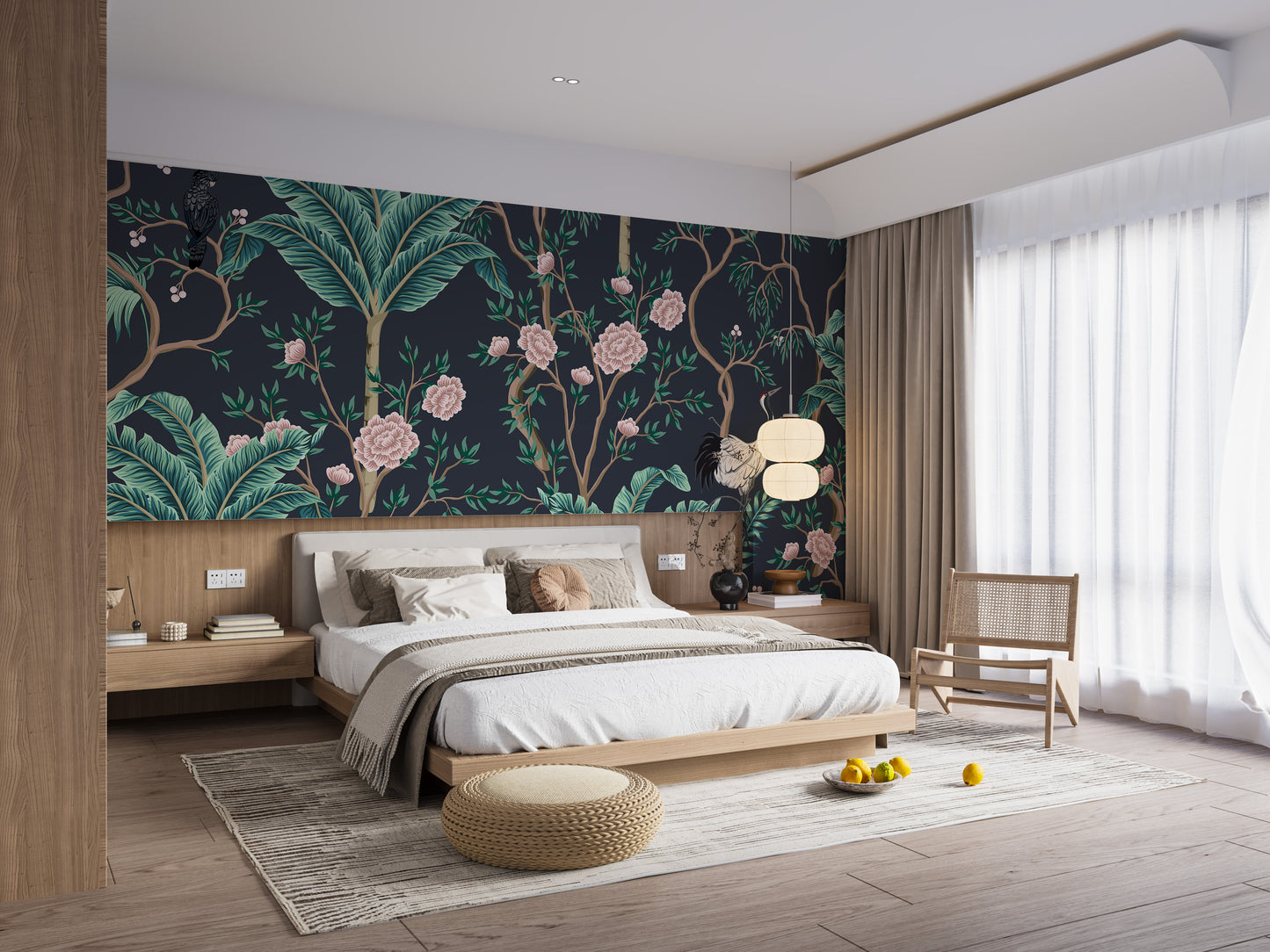 White Birds with Green Leaves & Pink Floral Wallpaper Mural - Giffywalls