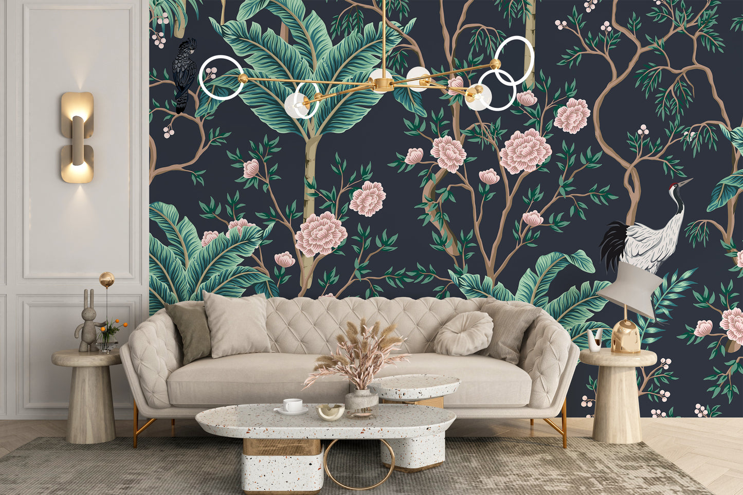 White Birds with Green Leaves & Pink Floral Wallpaper Mural - Giffywalls