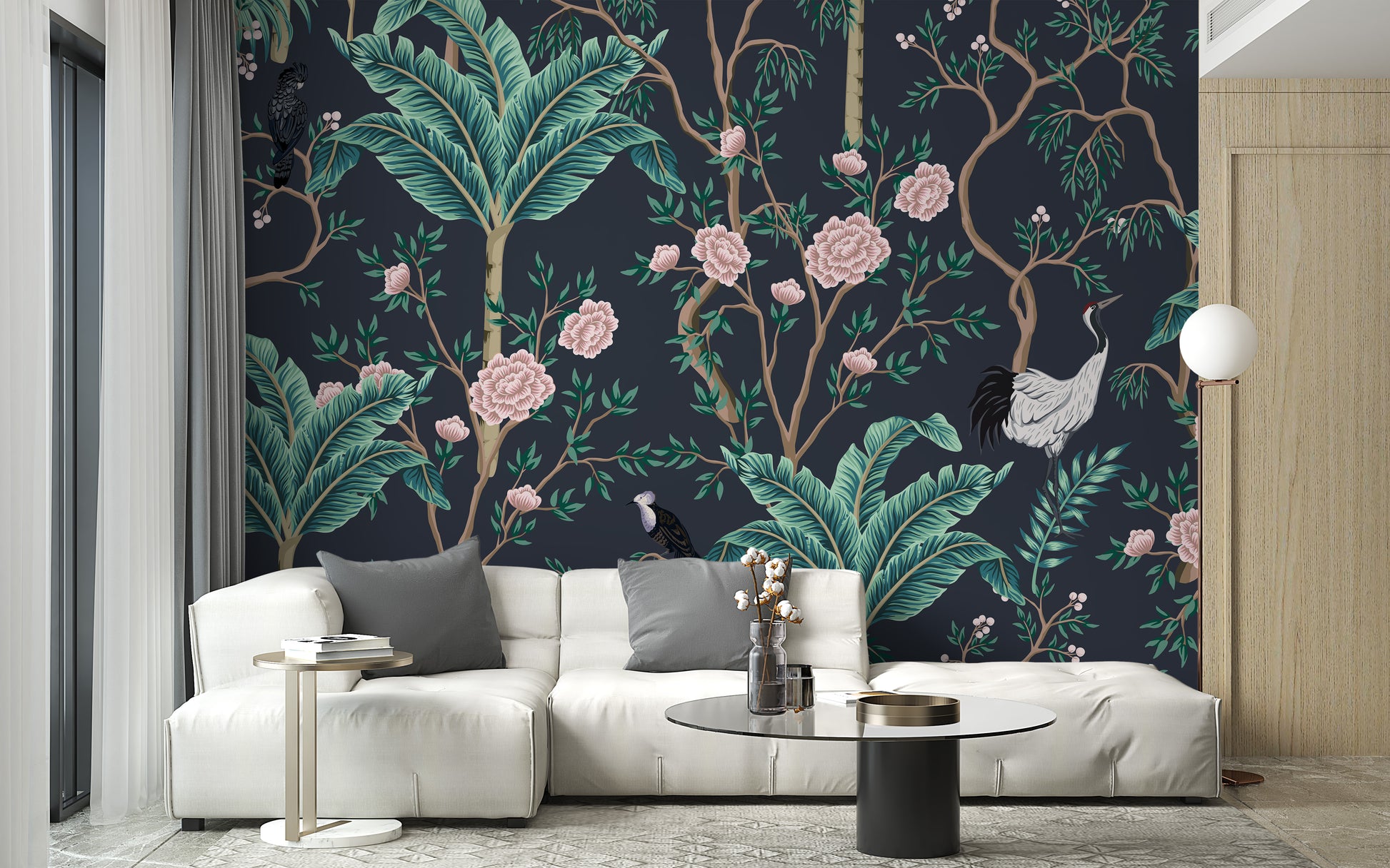 White Birds with Green Leaves & Pink Floral Wallpaper Mural - Giffywalls