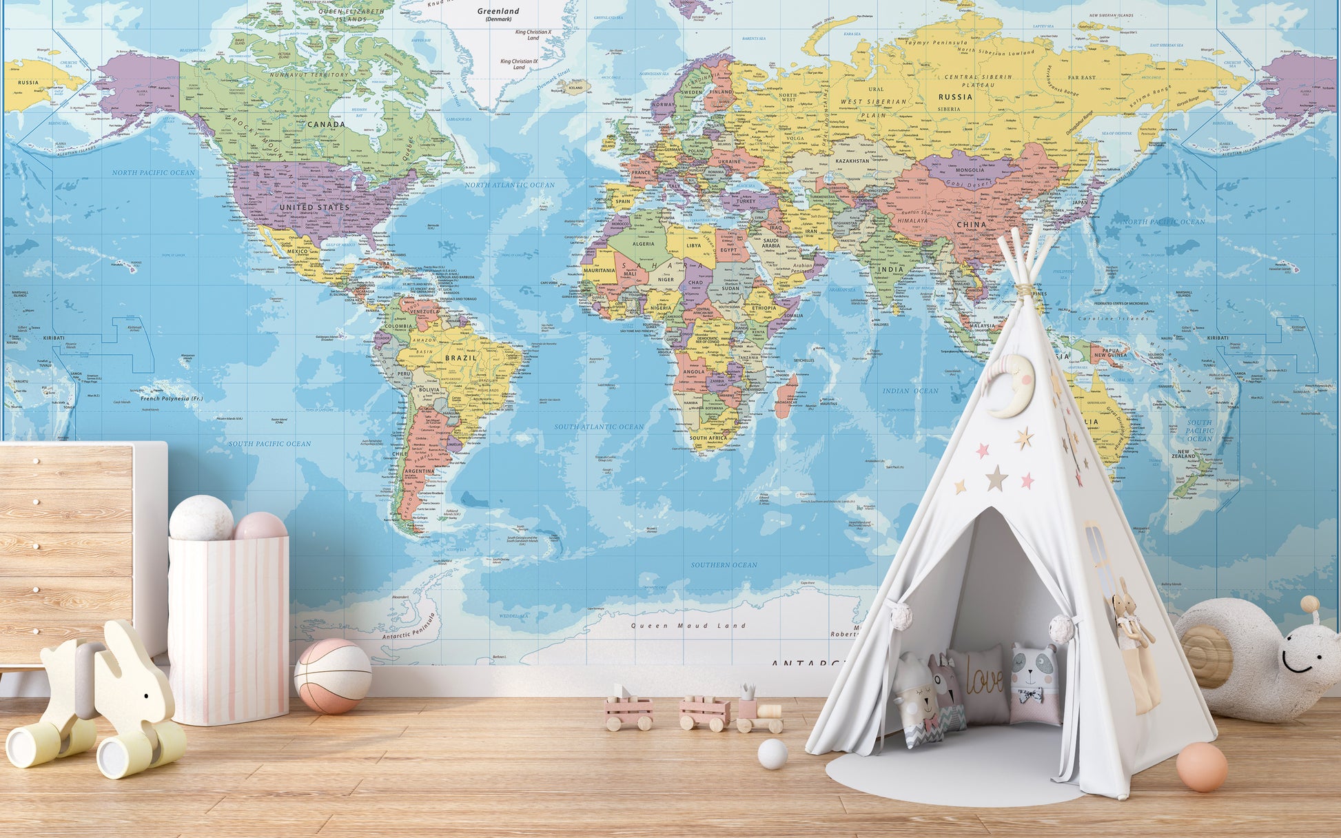 Stylish wallpaper mural with world map
